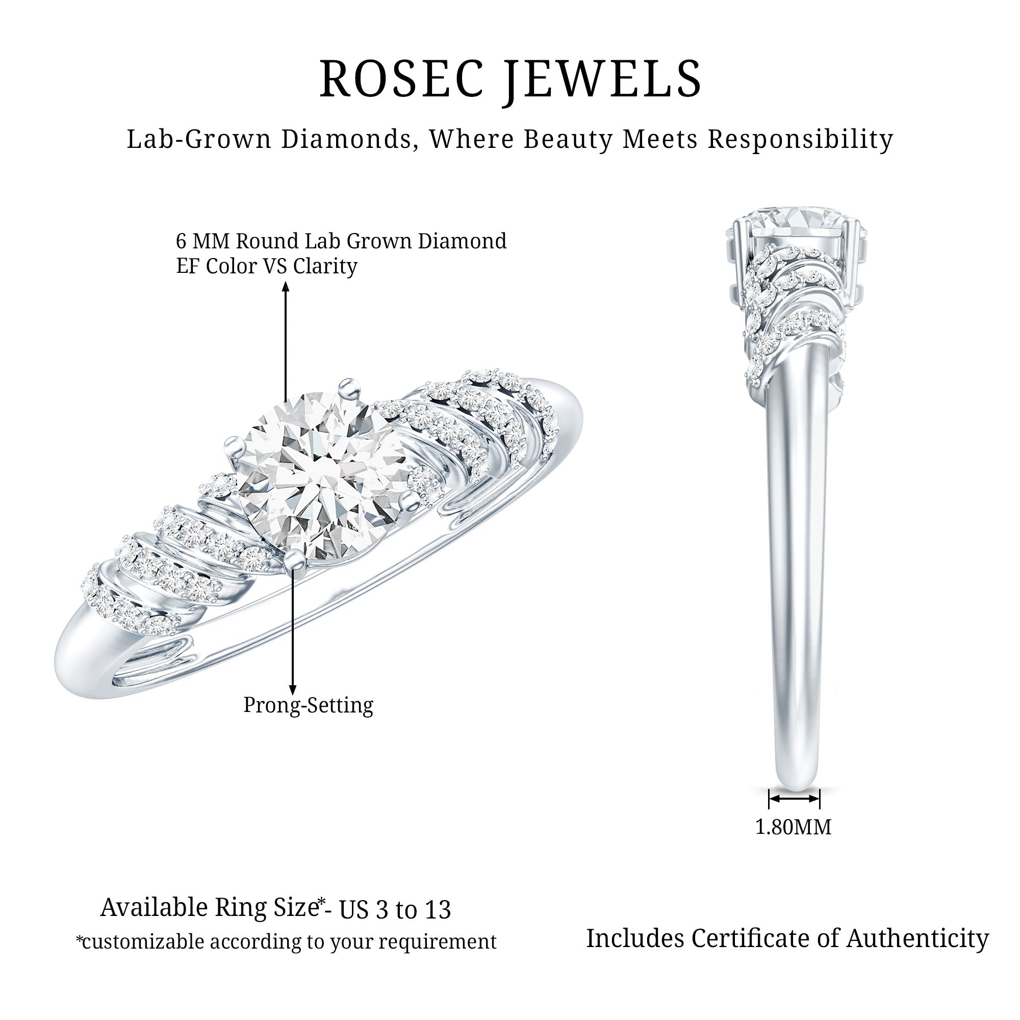 6 MM Lab Grown Diamond Designer Engagement Ring With Side Stones Lab - ( EF-VS ) - Rosec Jewels