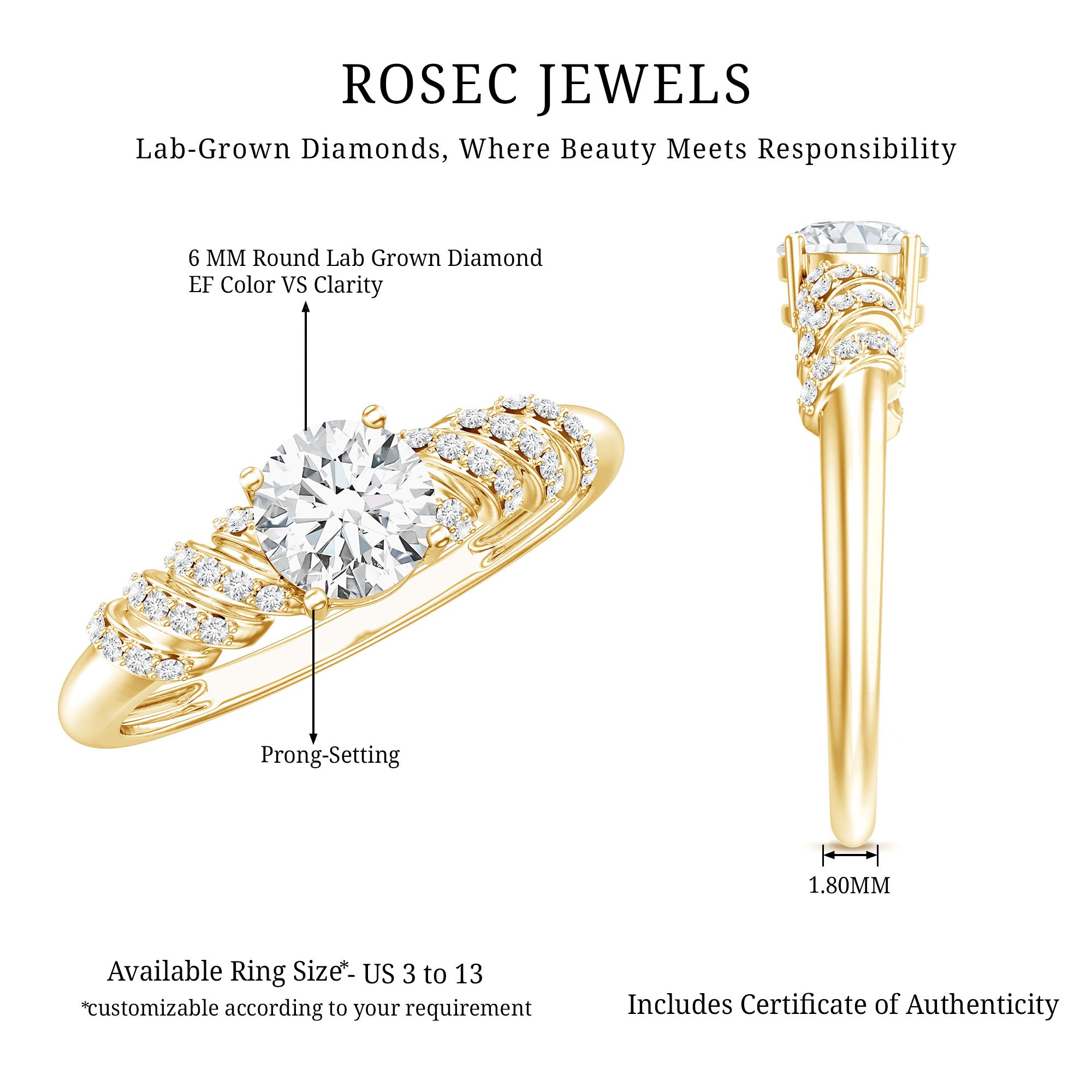 6 MM Lab Grown Diamond Designer Engagement Ring With Side Stones Lab - ( EF-VS ) - Rosec Jewels