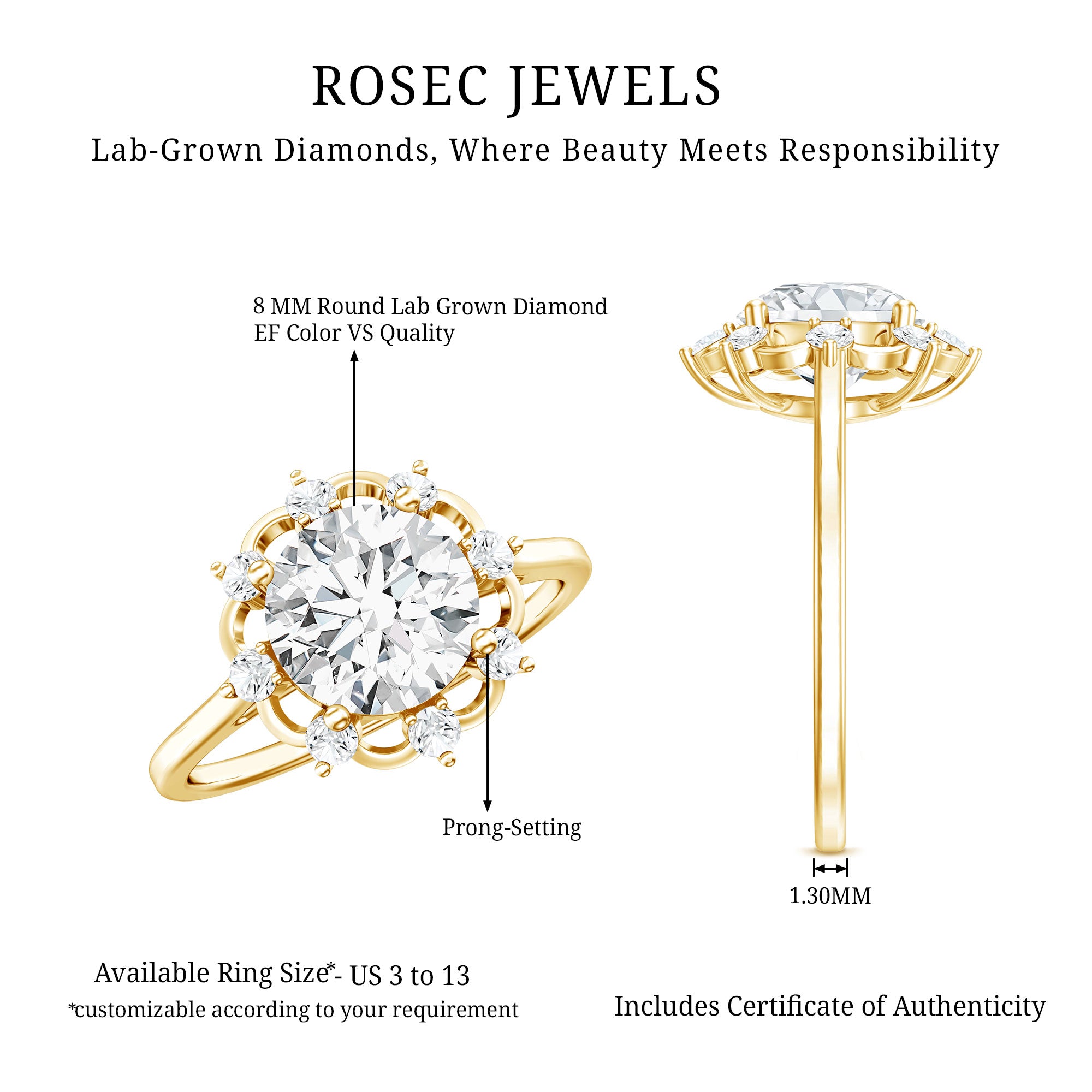 8 MM Lab Grown Diamond Statement Engagement Ring Lab - ( EF-VS ) - Rosec Jewels