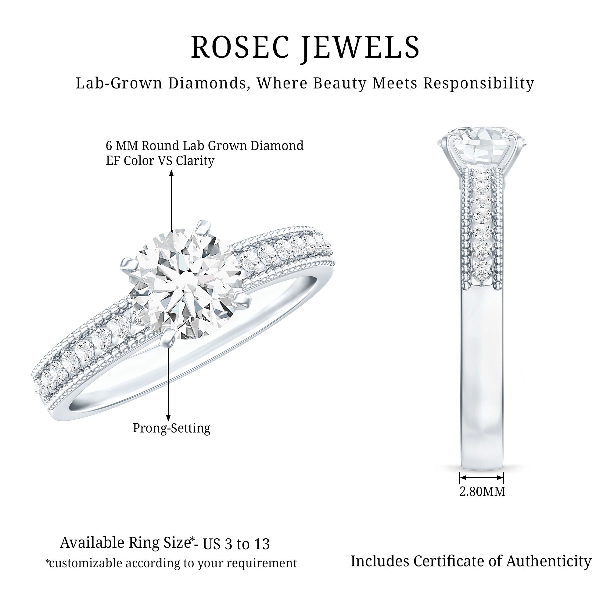 Certified 6 MM Lab Grown Diamond Engagement Ring with Side Stones Lab - ( EF-VS ) - Rosec Jewels