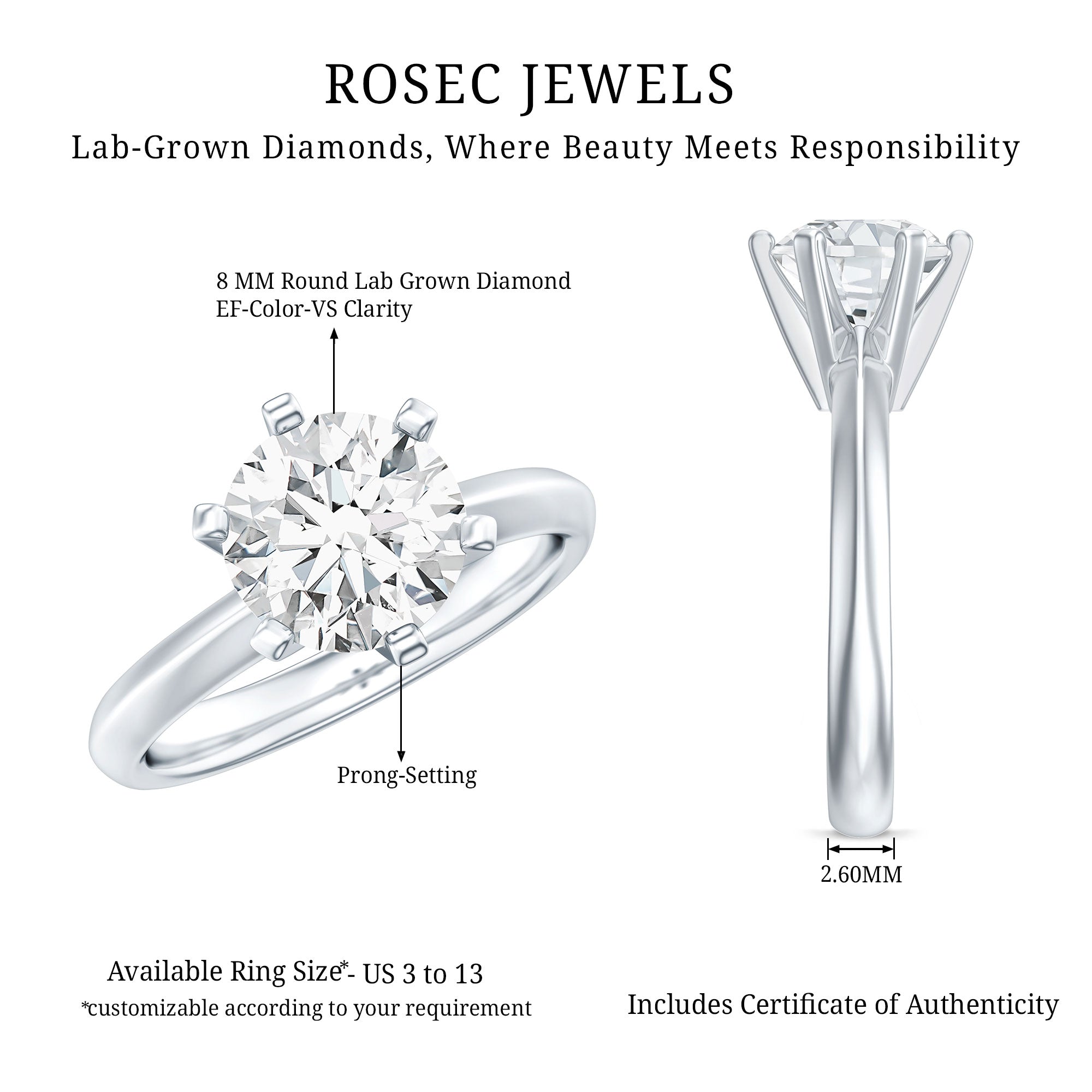 Rosec Jewels-2 Carat Lab Grown Diamond Six Prongs Engagement Ring
