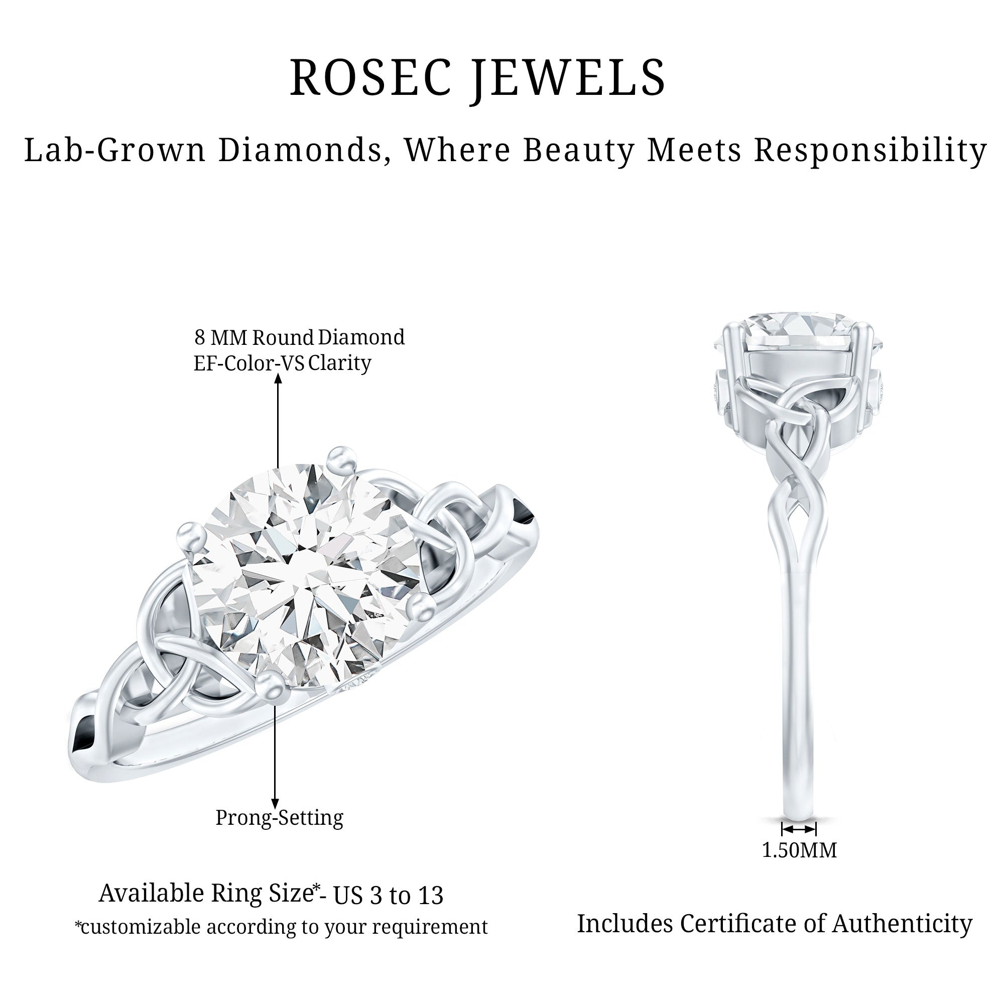Certified 8 MM Round Lab Grown Diamond Celtic Engagement Ring Lab - ( EF-VS ) - Rosec Jewels
