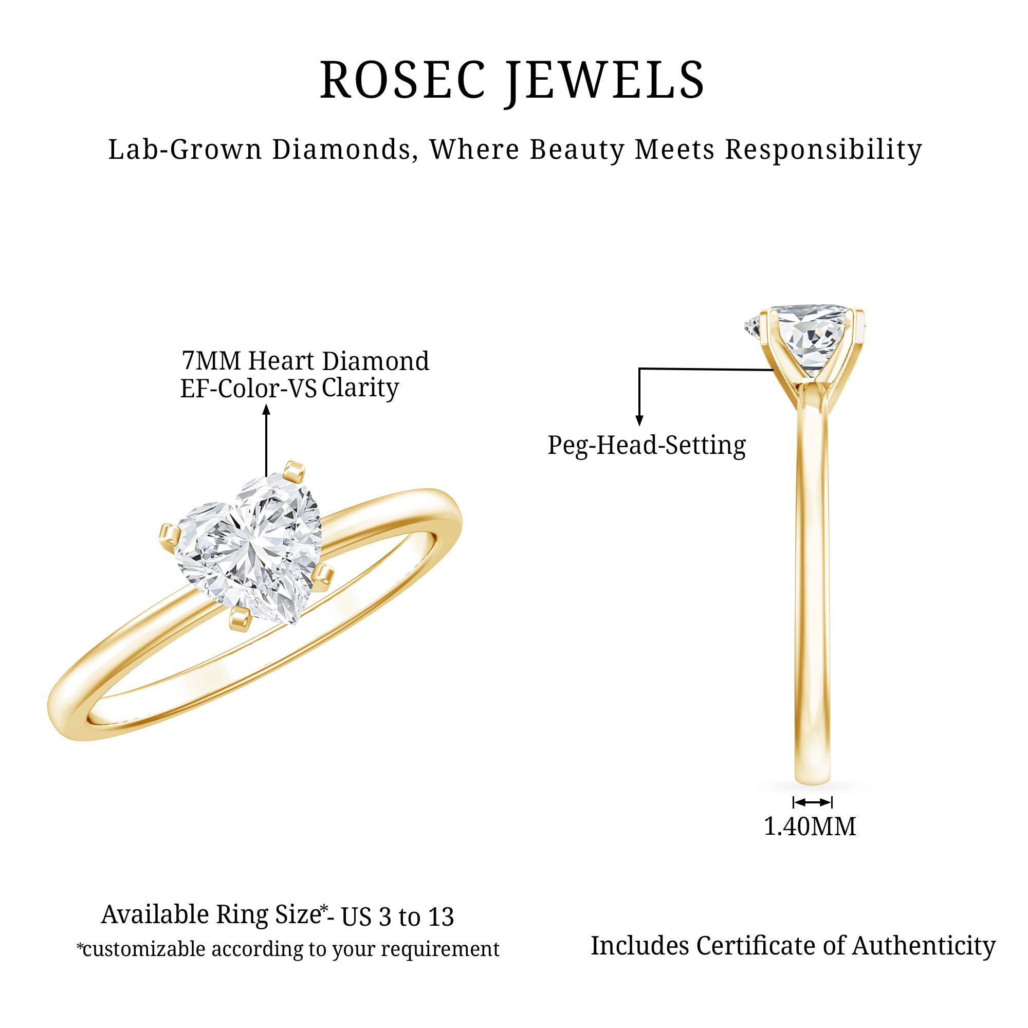 Certified 7 MM Lab Grown Diamond Heart Engagement Ring Lab - ( EF-VS ) - Rosec Jewels