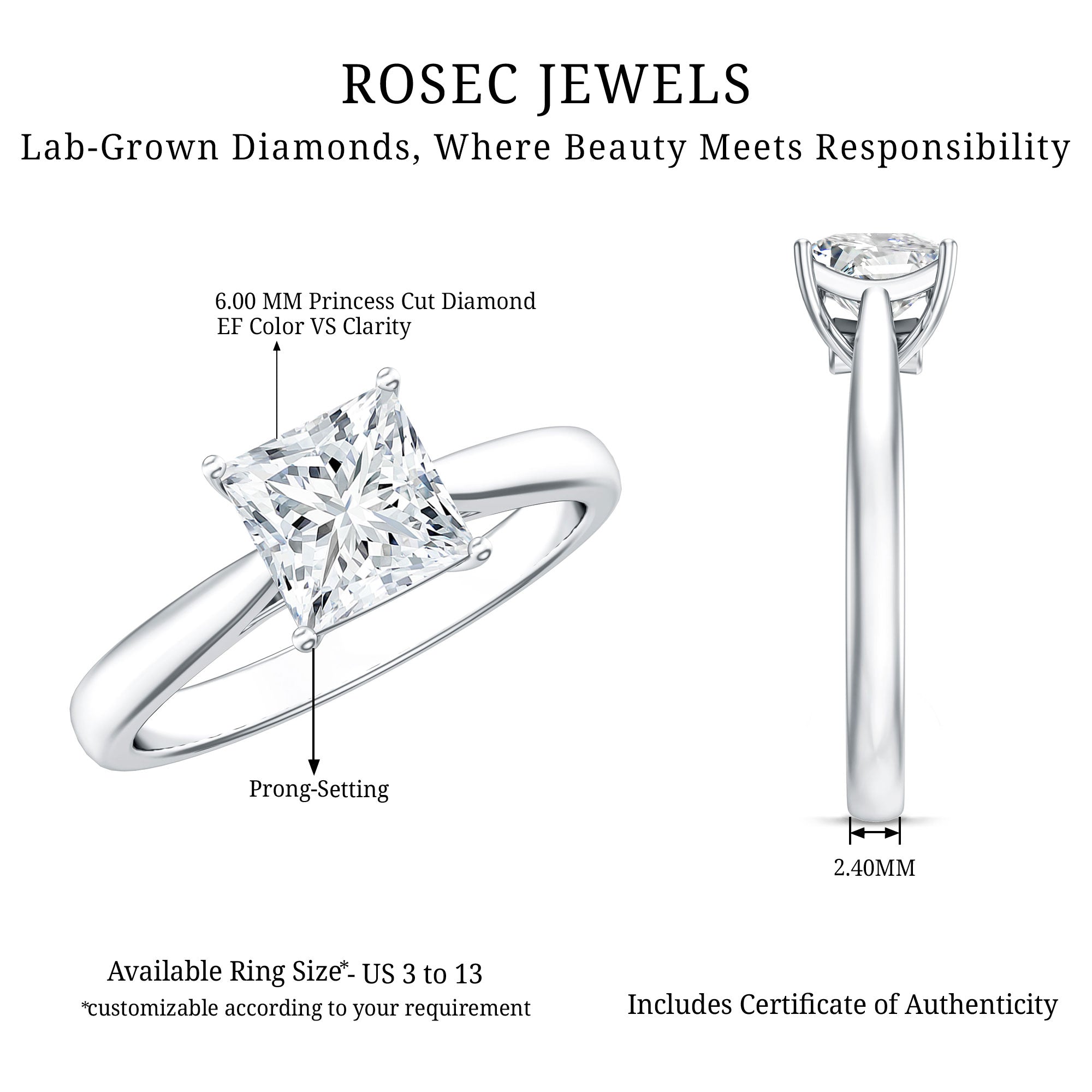 6 MM Princess Cut Lab Grown Diamond Solitaire Engagement Ring For Women Lab - ( EF-VS ) - Rosec Jewels