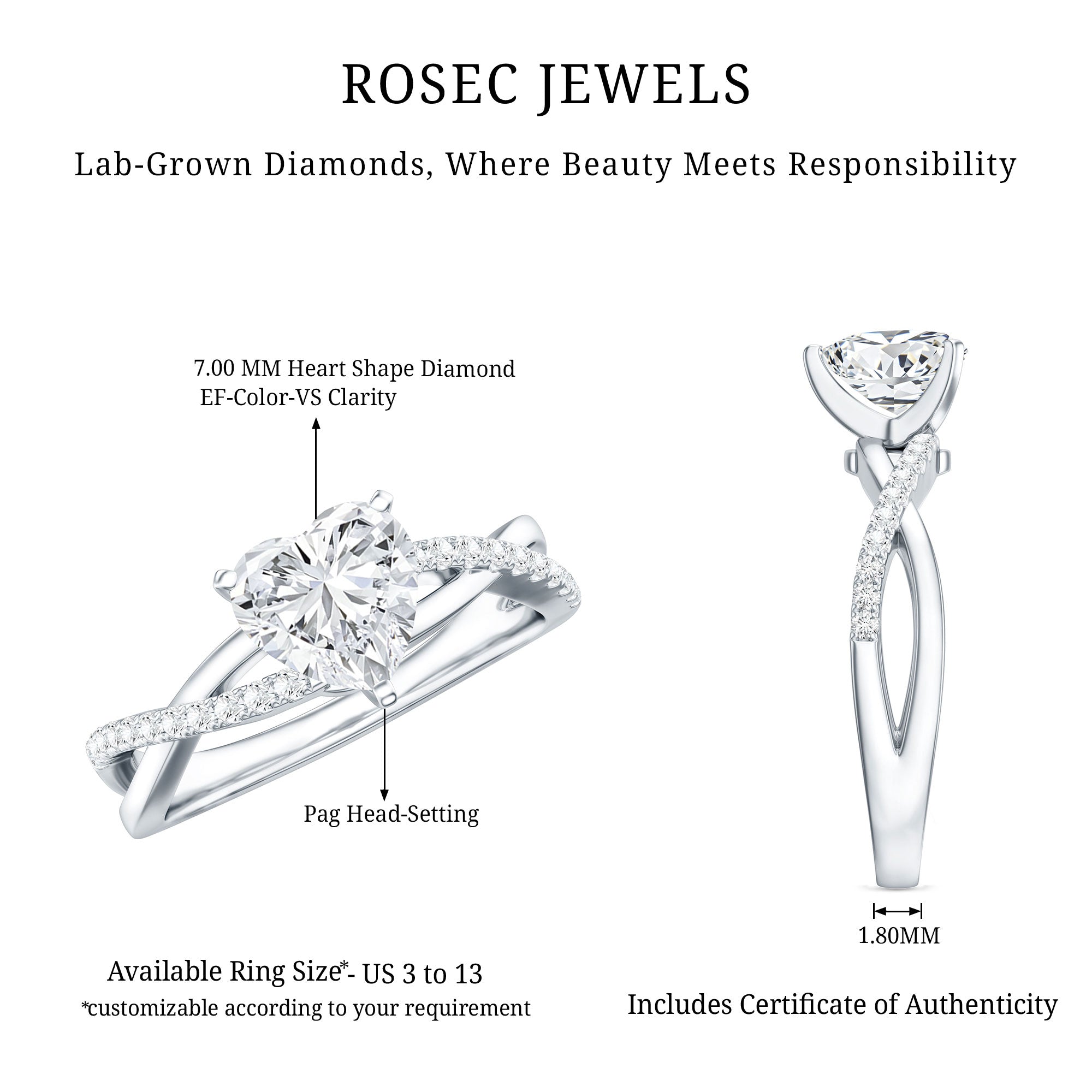 Criss Cross Lab Grown Diamond Heart Engagement Ring Lab - ( EF-VS ) - Rosec Jewels