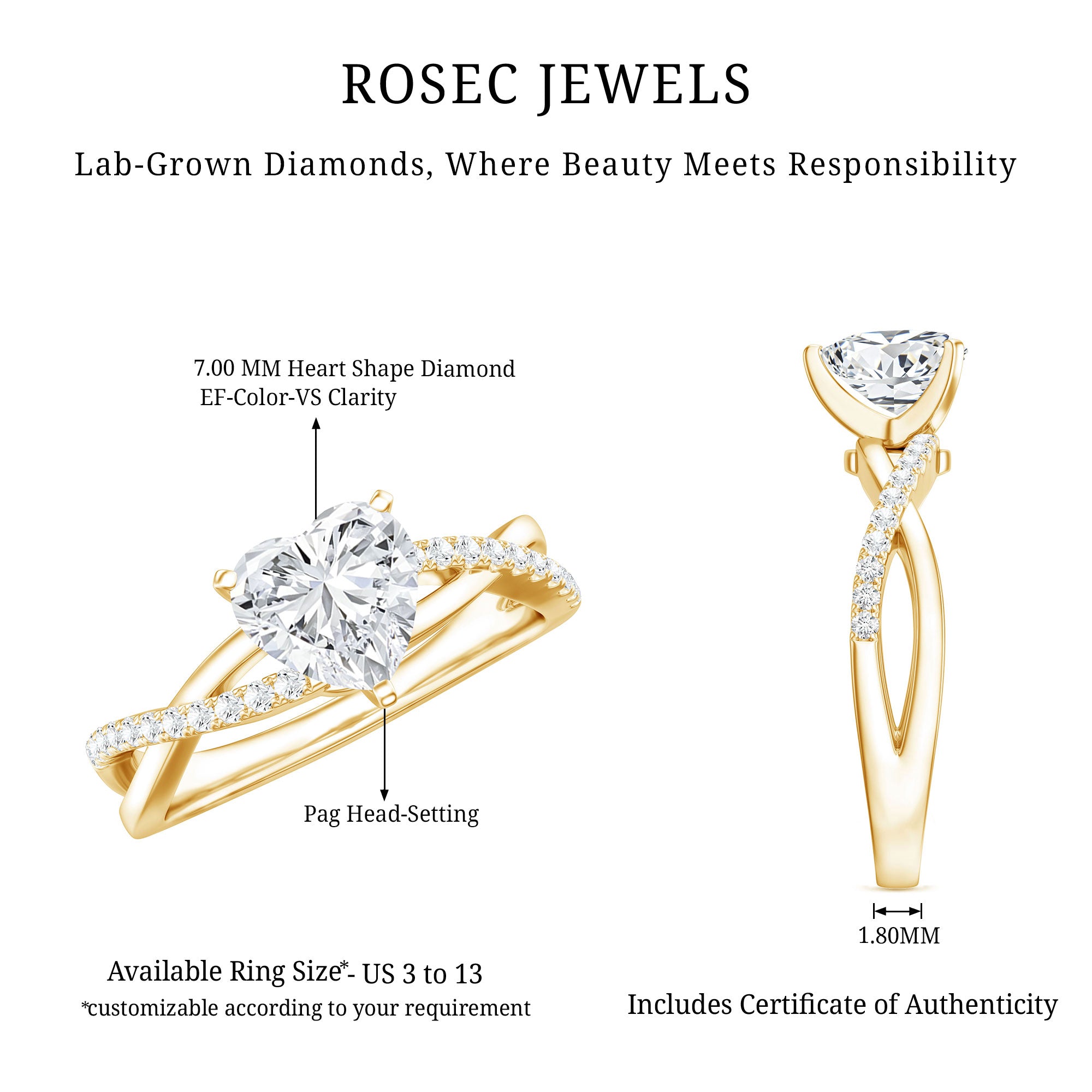 Criss Cross Lab Grown Diamond Heart Engagement Ring Lab - ( EF-VS ) - Rosec Jewels