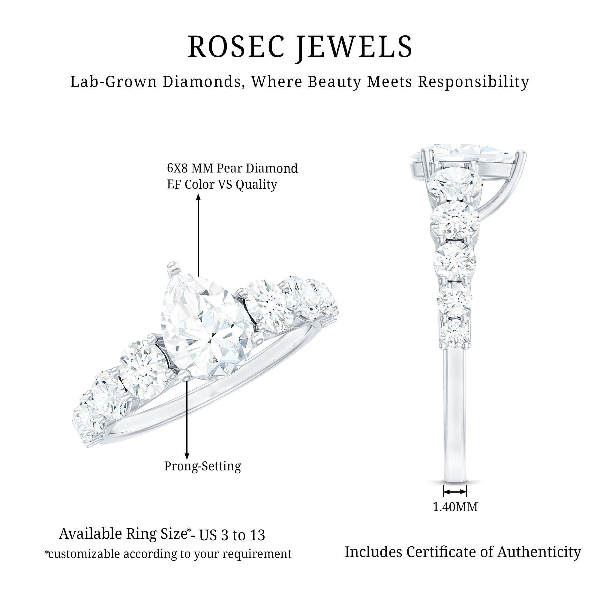 Rosec Jewels-Certified Diamond Teardrop Engagement Ring with Sides Stones