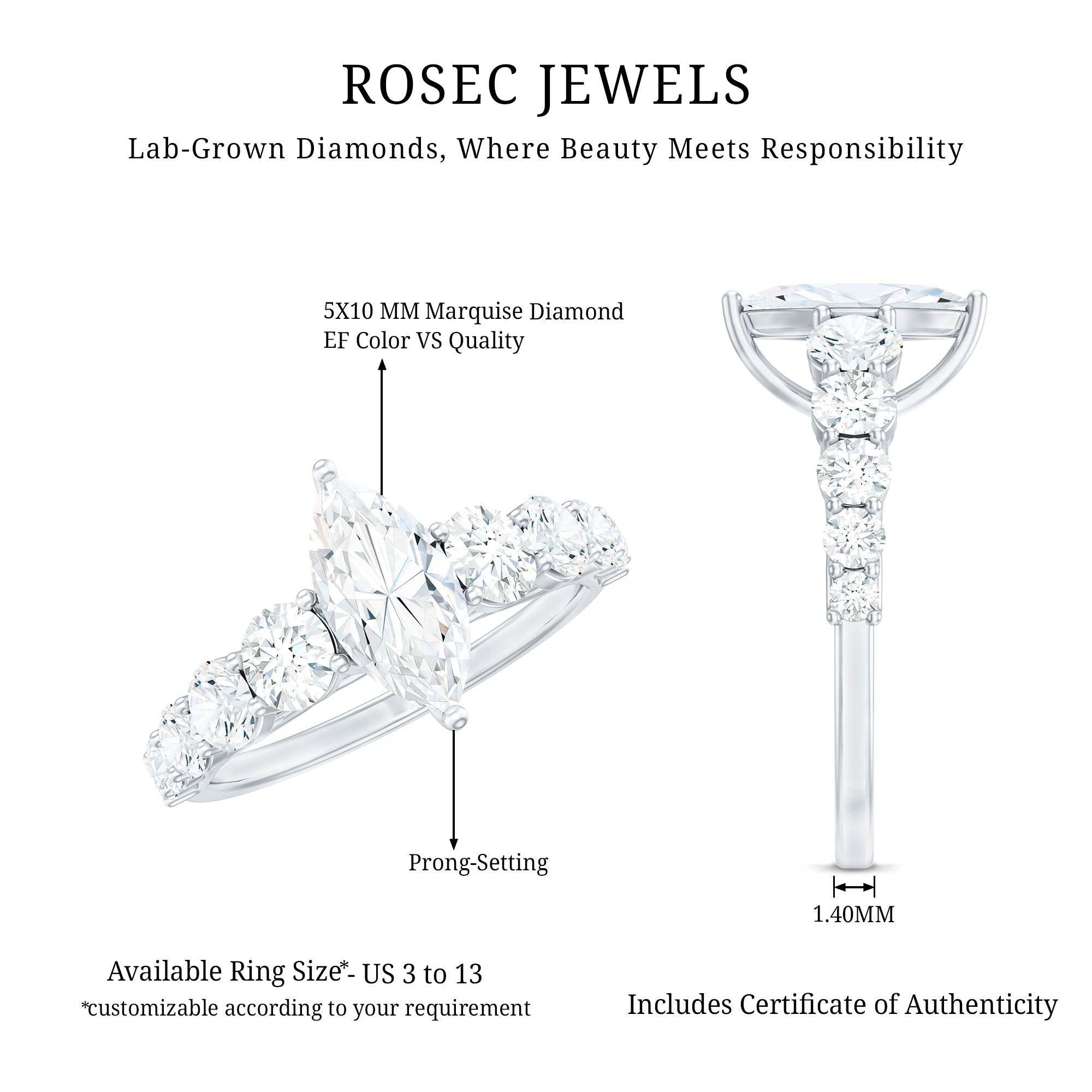 Rosec Jewels-Lab Created Diamond Marquise Engagement Ring With Side Stones