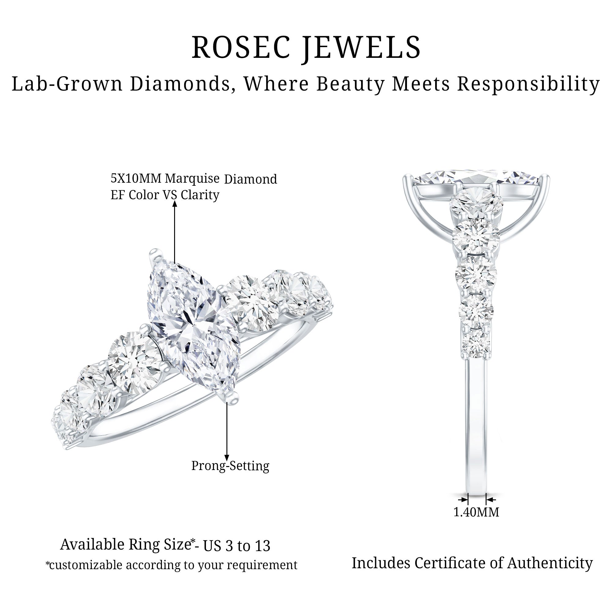 Lab Created Diamond Marquise Engagement Ring With Side Stones Lab - ( EF-VS ) - Rosec Jewels