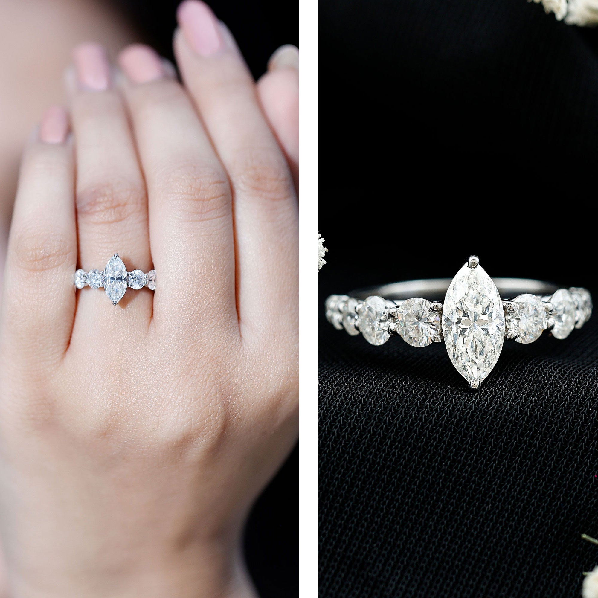Lab Created Diamond Marquise Engagement Ring With Side Stones Lab - ( EF-VS ) - Rosec Jewels