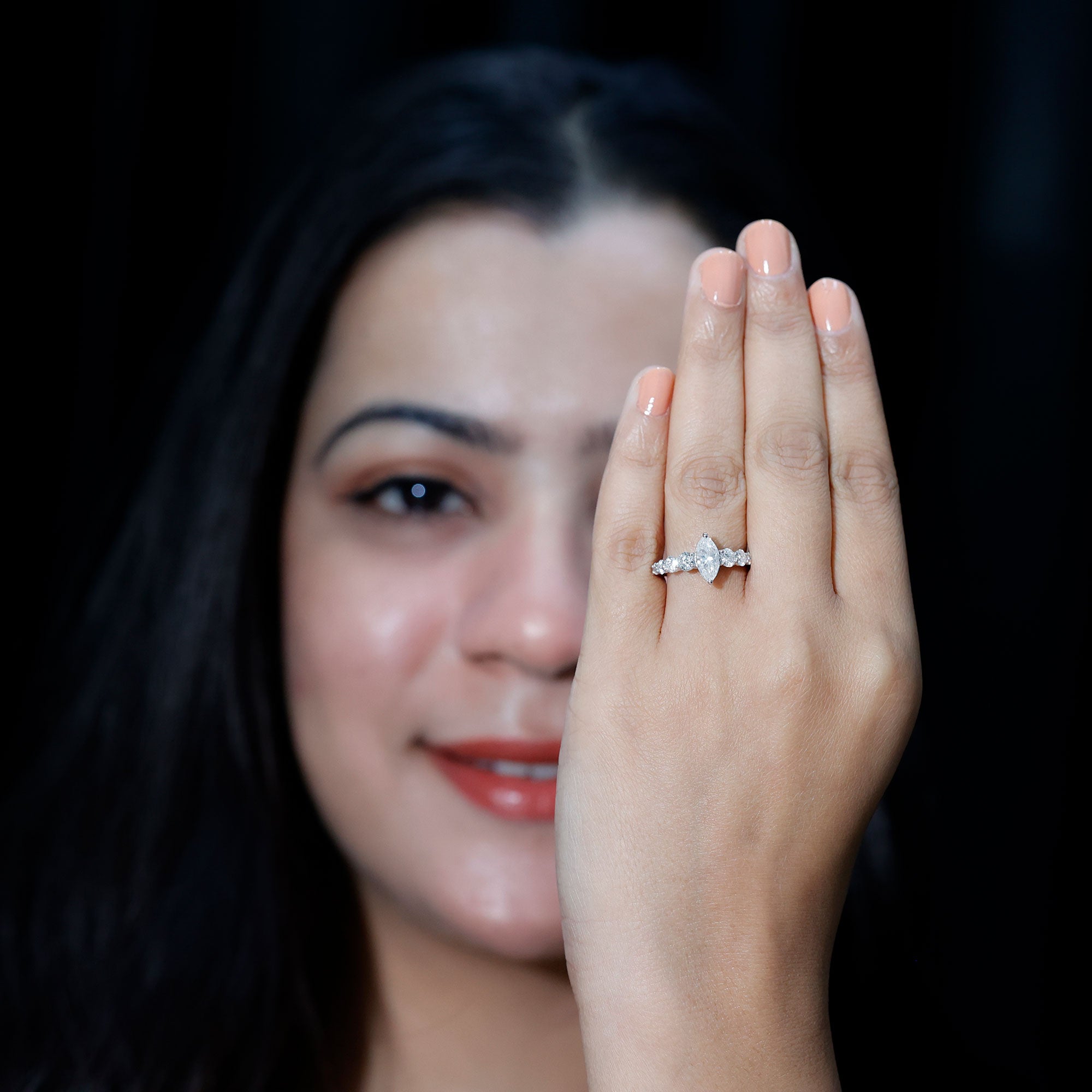 Lab Created Diamond Marquise Engagement Ring With Side Stones Lab - ( EF-VS ) - Rosec Jewels