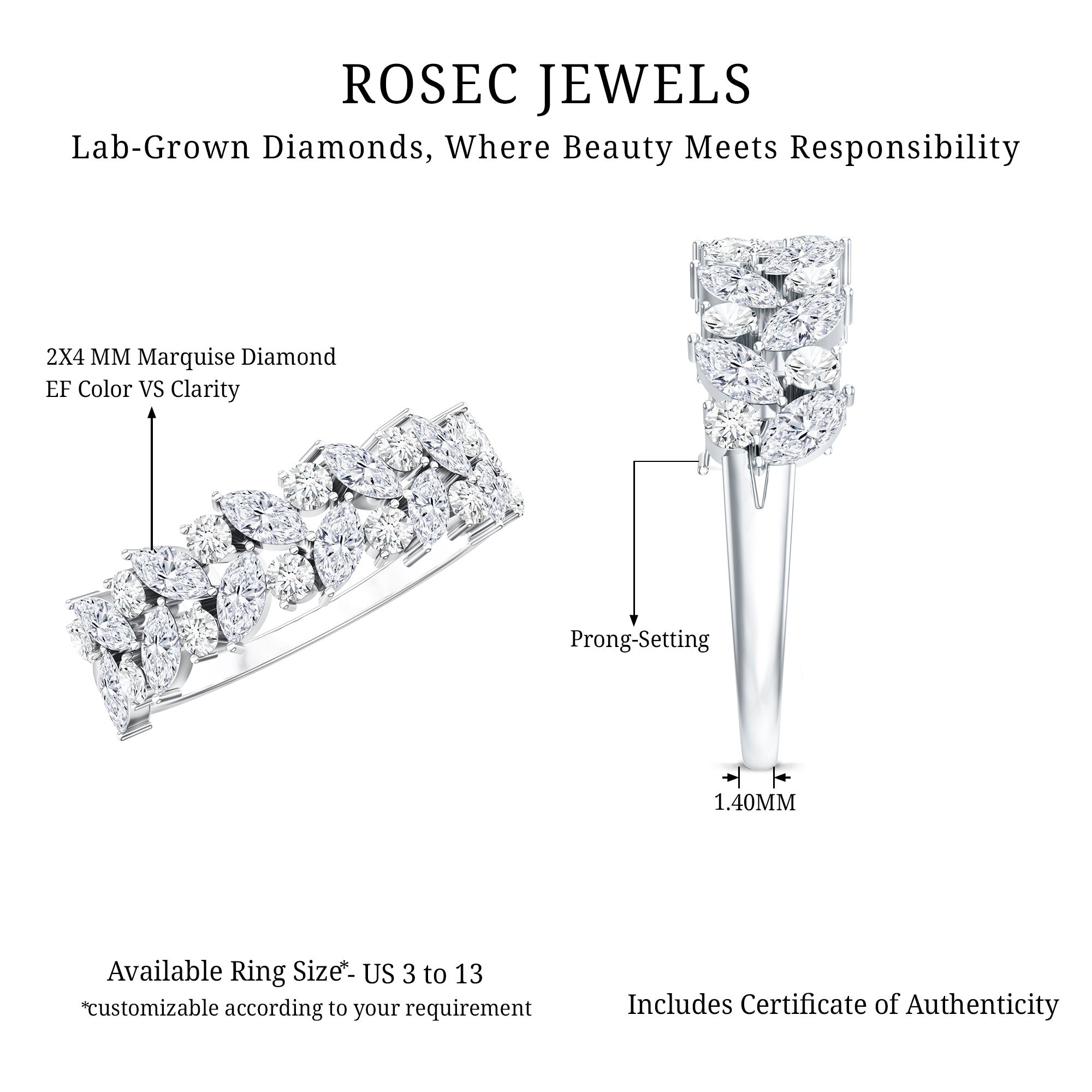 Certified Lab Grown Diamond Cluster Half Eternity Band for Women Lab - ( EF-VS ) - Rosec Jewels