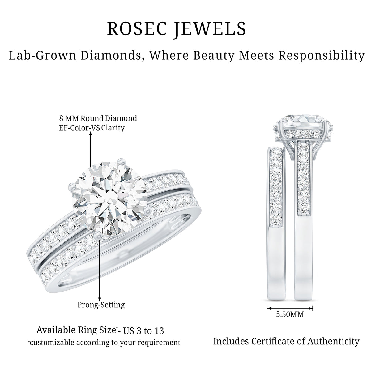 Certified 2 Carat Lab Grown Diamond Engagement Ring With Wedding Band Lab - ( EF-VS ) - Rosec Jewels