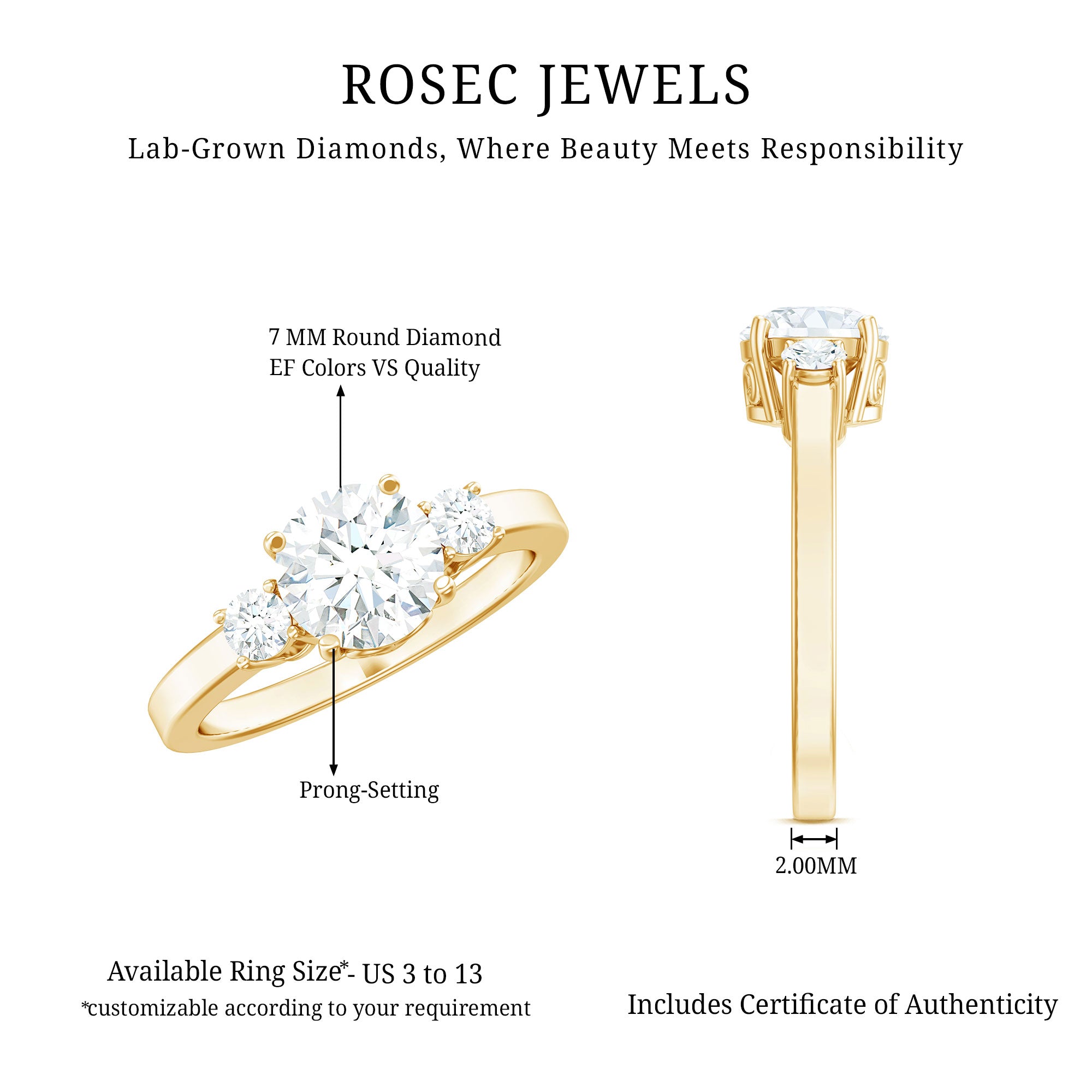 Rosec Jewels-3 Stone Lab Grown Diamond Engagement Ring for Women