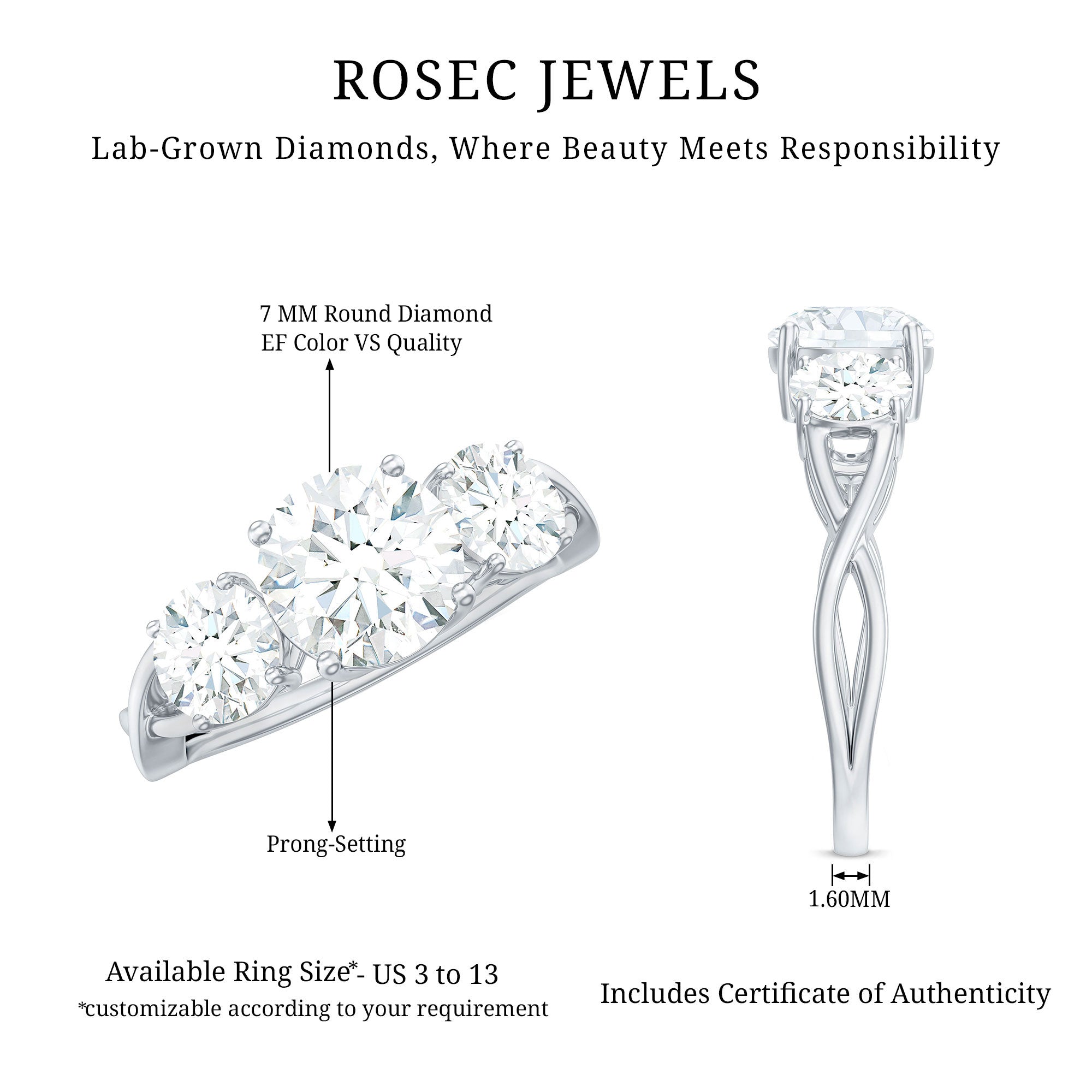 Rosec Jewels-Lab Grown Diamond Three Stone Engagement Ring with Crossover Shank