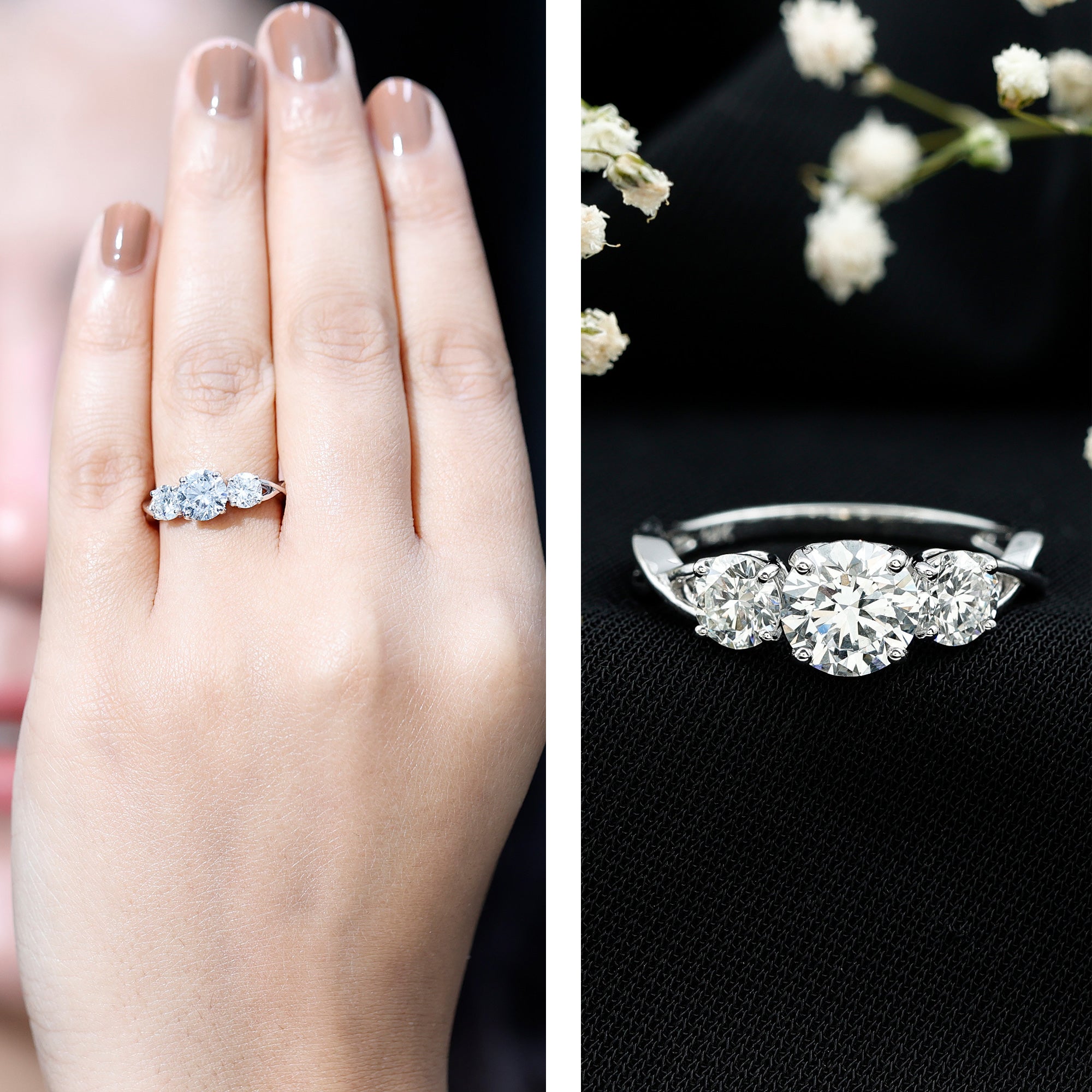 Lab Grown Diamond Three Stone Engagement Ring with Crossover Shank Lab - ( EF-VS ) - Rosec Jewels