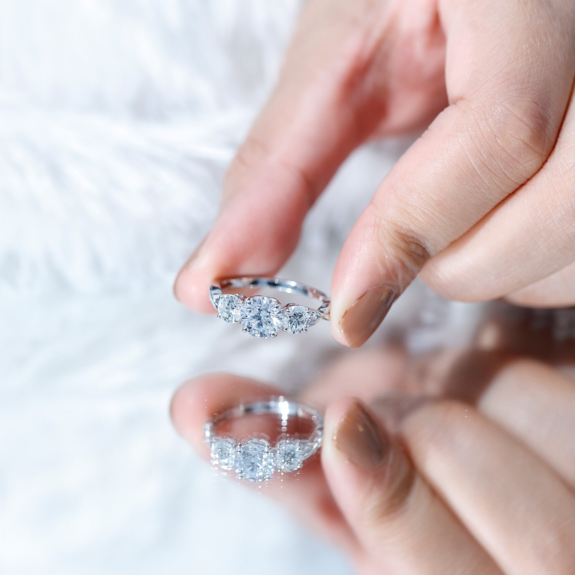 Lab Grown Diamond Three Stone Engagement Ring with Crossover Shank Lab - ( EF-VS ) - Rosec Jewels