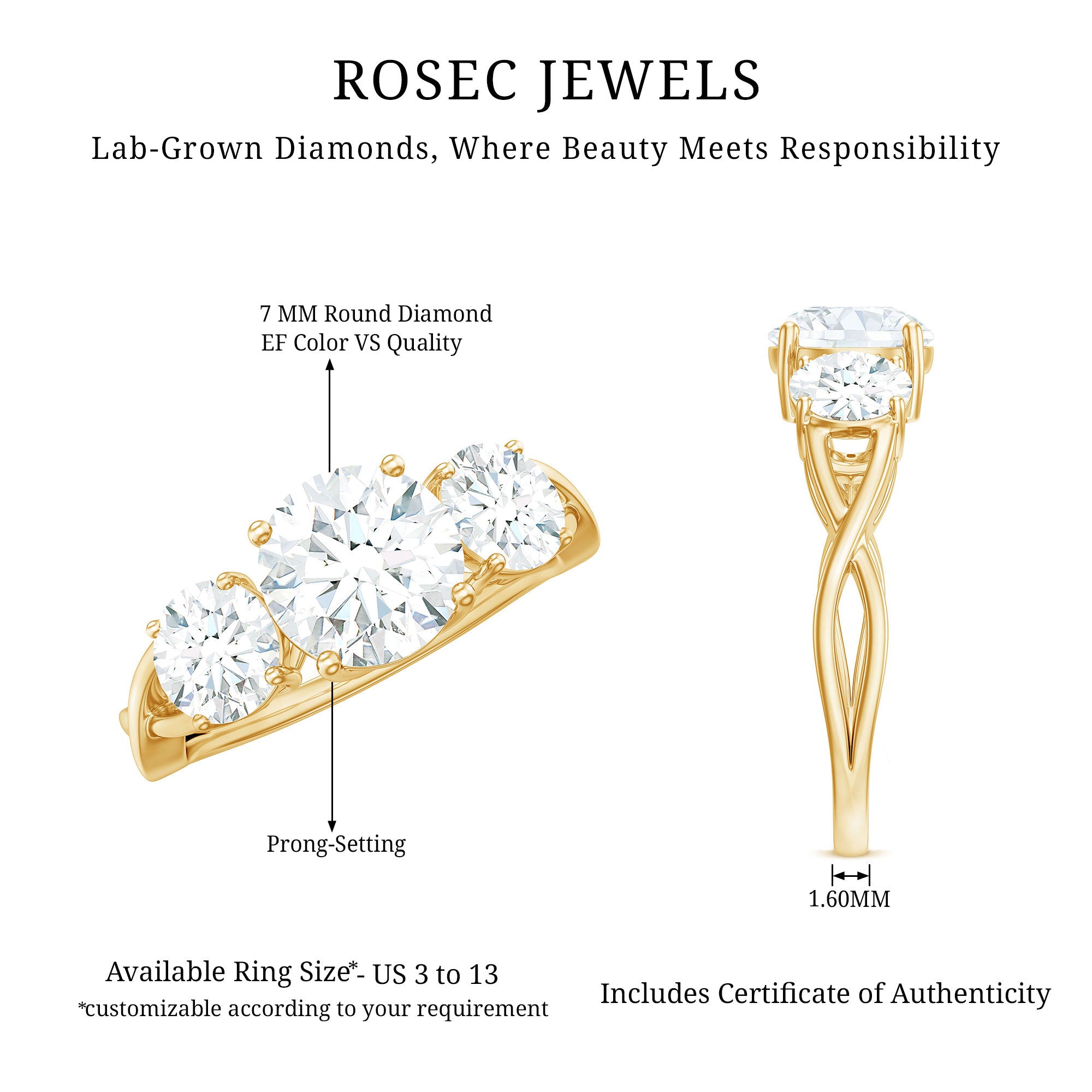 Rosec Jewels-Lab Grown Diamond Three Stone Engagement Ring with Crossover Shank