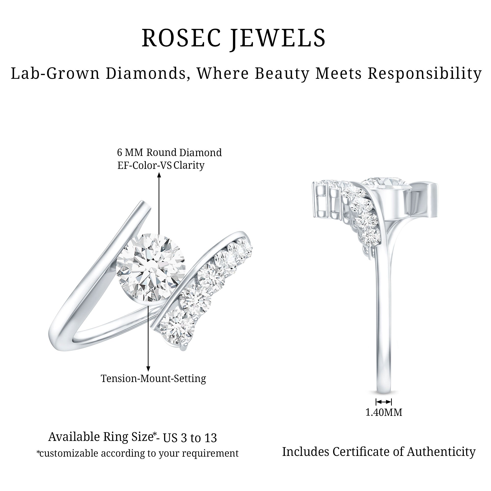 Certified Lab Grown Diamond Bypass Engagement Ring for Women Lab - ( EF-VS ) - Rosec Jewels