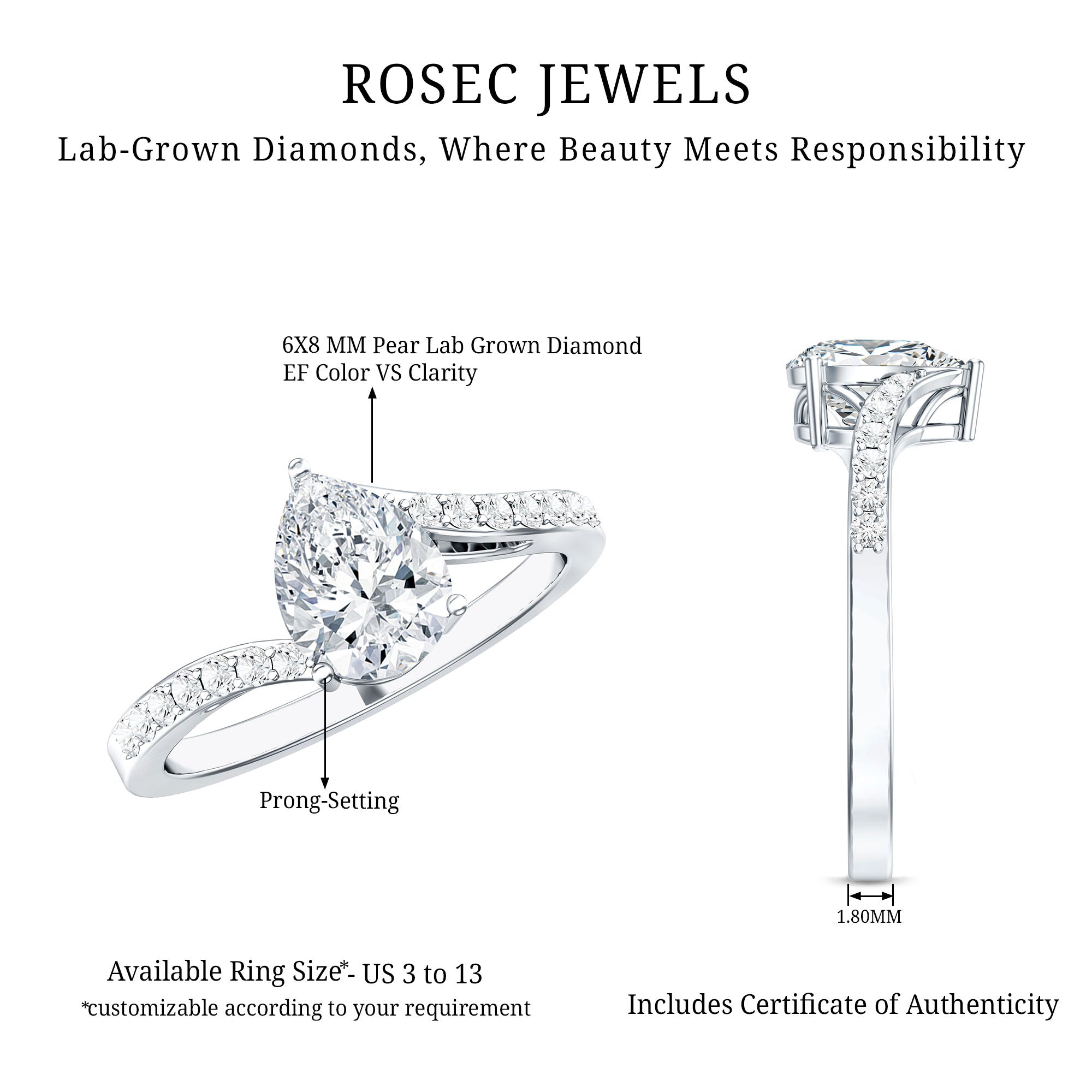Certified 6X8 MM Pear Cut Lab Created Diamond Teardrop Engagement Ring Lab - ( EF-VS ) - Rosec Jewels