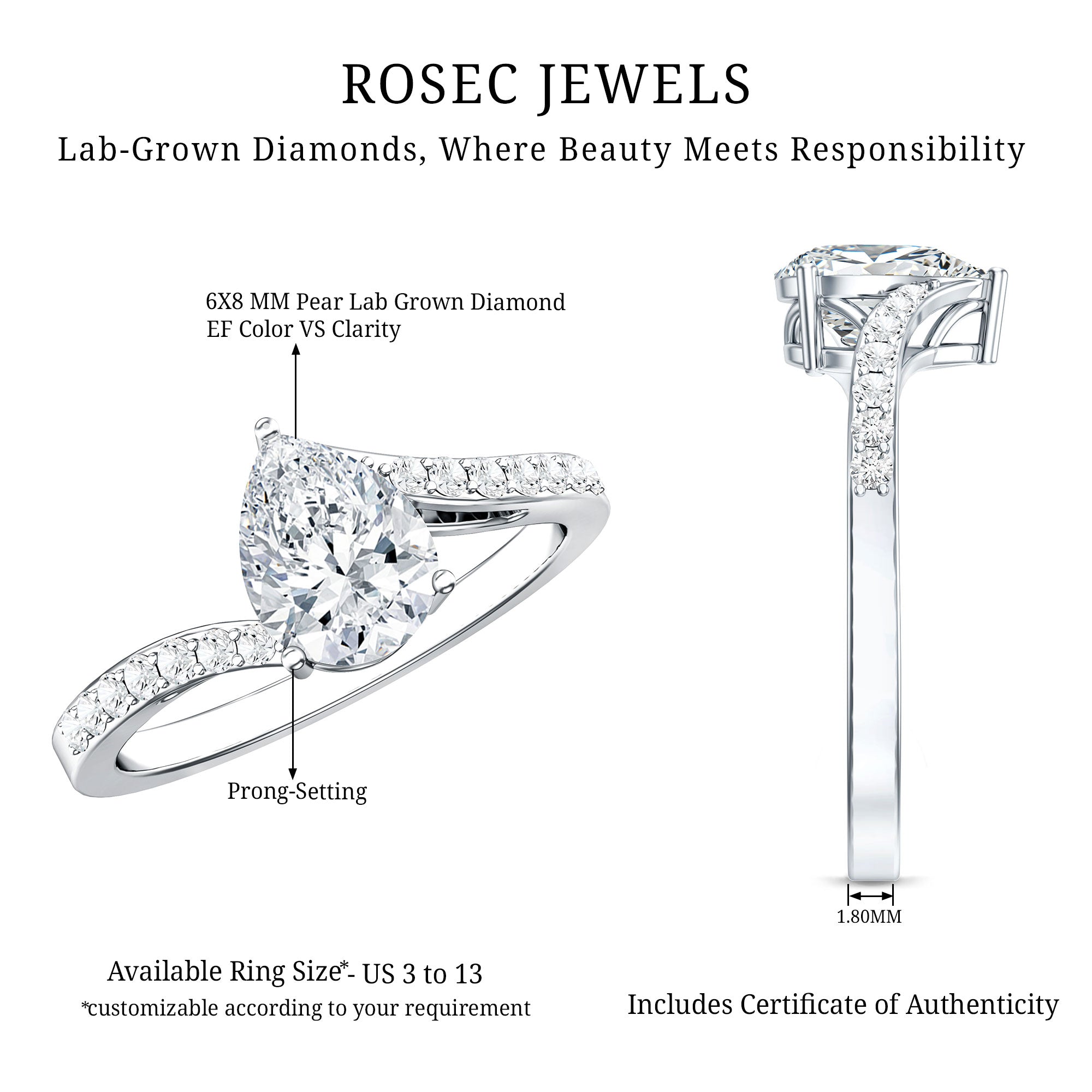 Certified 1.3 Carat Pear Cut Lab Created Diamond Teardrop Engagement Ring Lab - ( EF-VS ) - Rosec Jewels