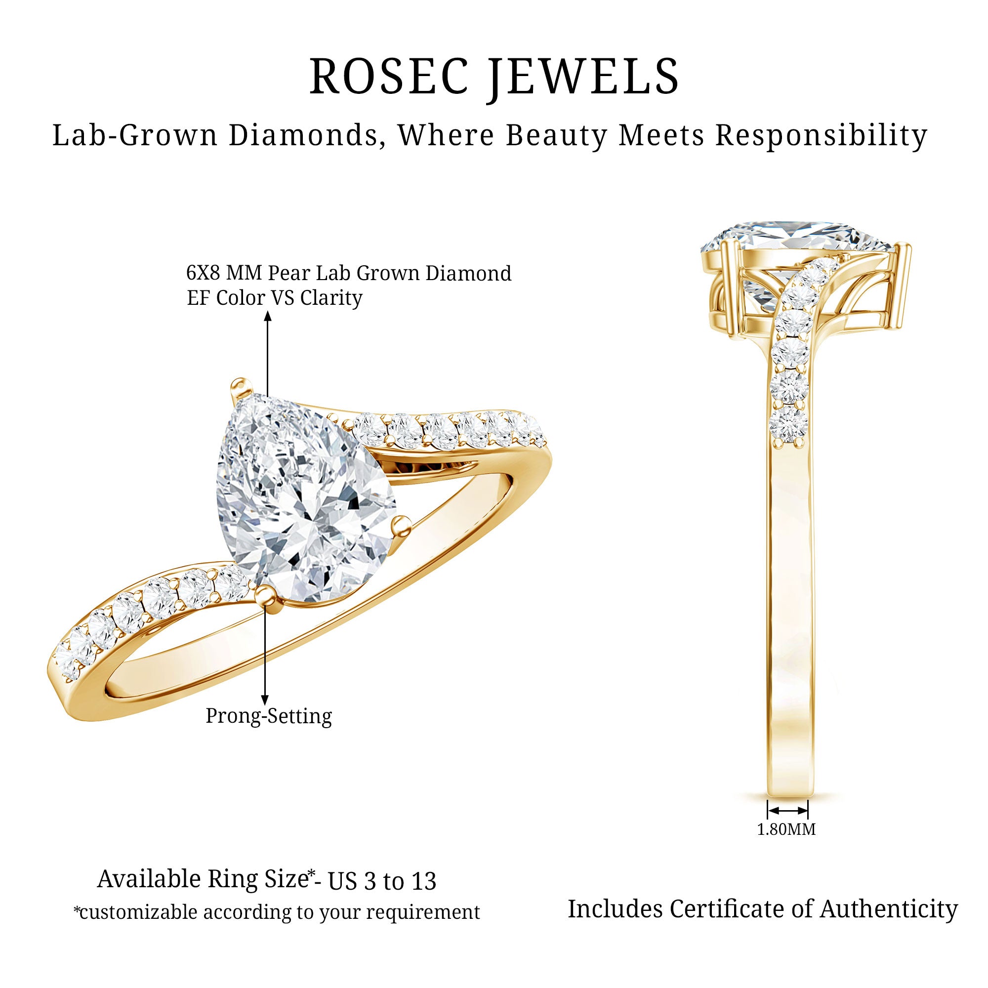 Certified 1.3 Carat Pear Cut Lab Created Diamond Teardrop Engagement Ring Lab - ( EF-VS ) - Rosec Jewels