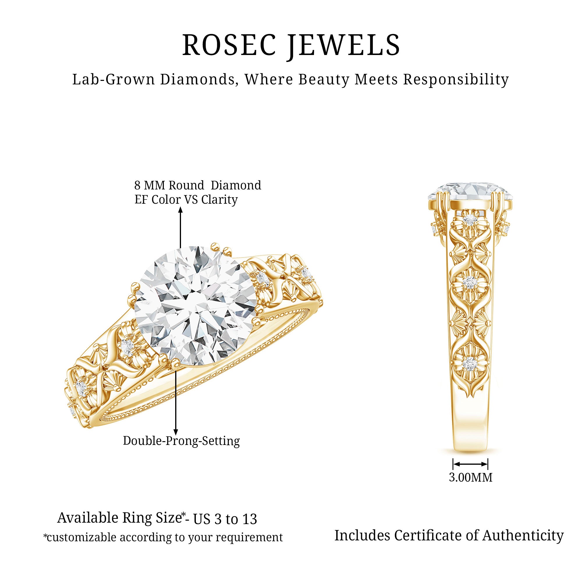 Lab Grown Diamond Antique Looking Engagement Ring Lab - ( EF-VS ) - Rosec Jewels