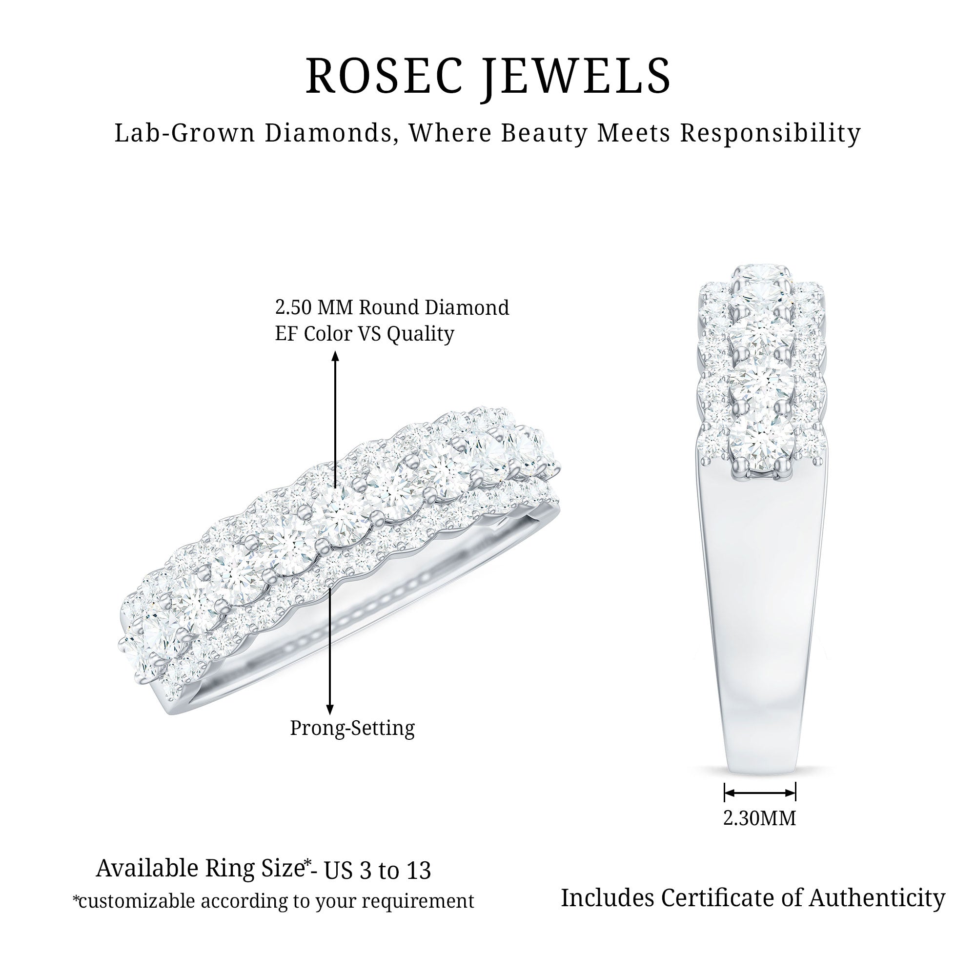 Certified Diamond Half Eternity Anniversary Ring Lab - ( EF-VS ) - Rosec Jewels