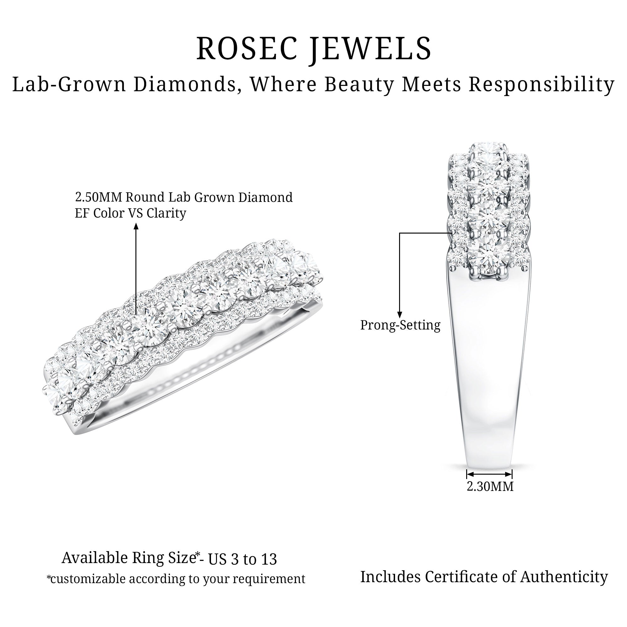 Certified Diamond Half Eternity Anniversary Ring Lab - ( EF-VS ) - Rosec Jewels