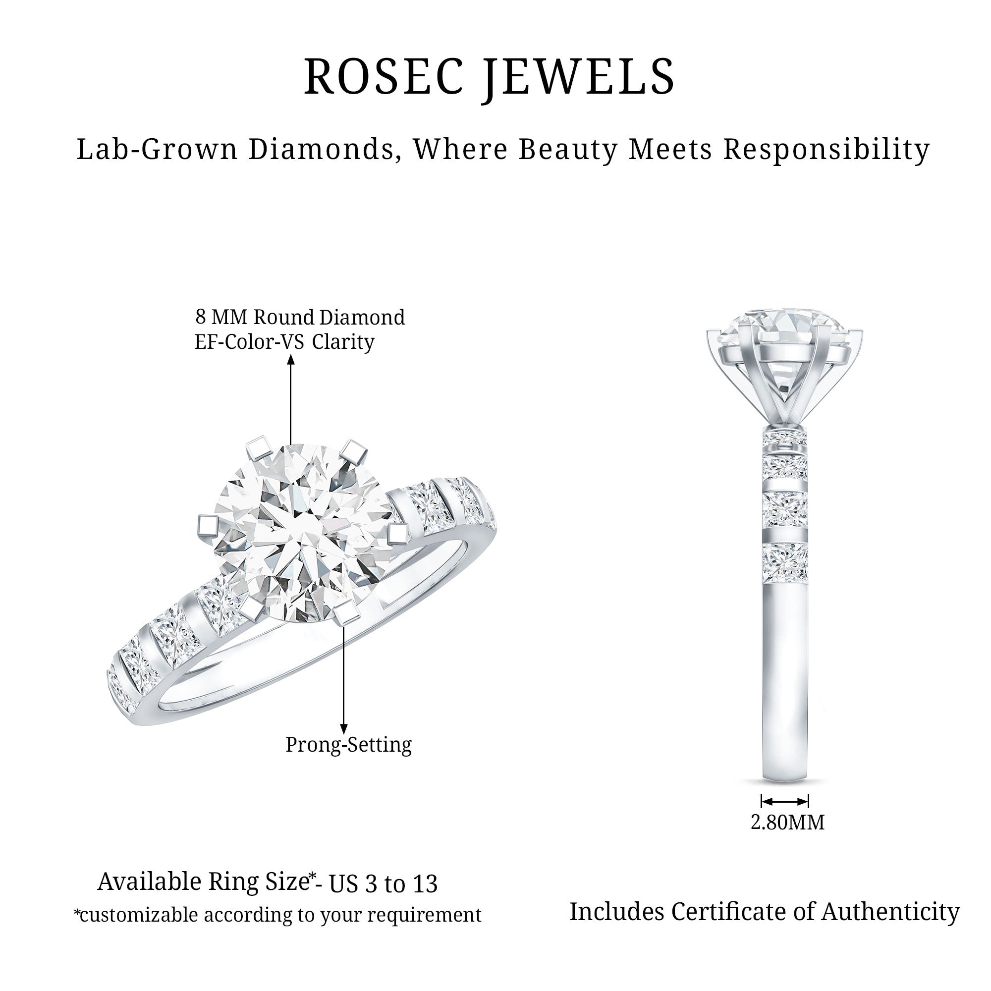 Certified Lab Diamond 8 mm Round Engagement Ring With 6 Prong Lab - ( EF-VS ) - Rosec Jewels