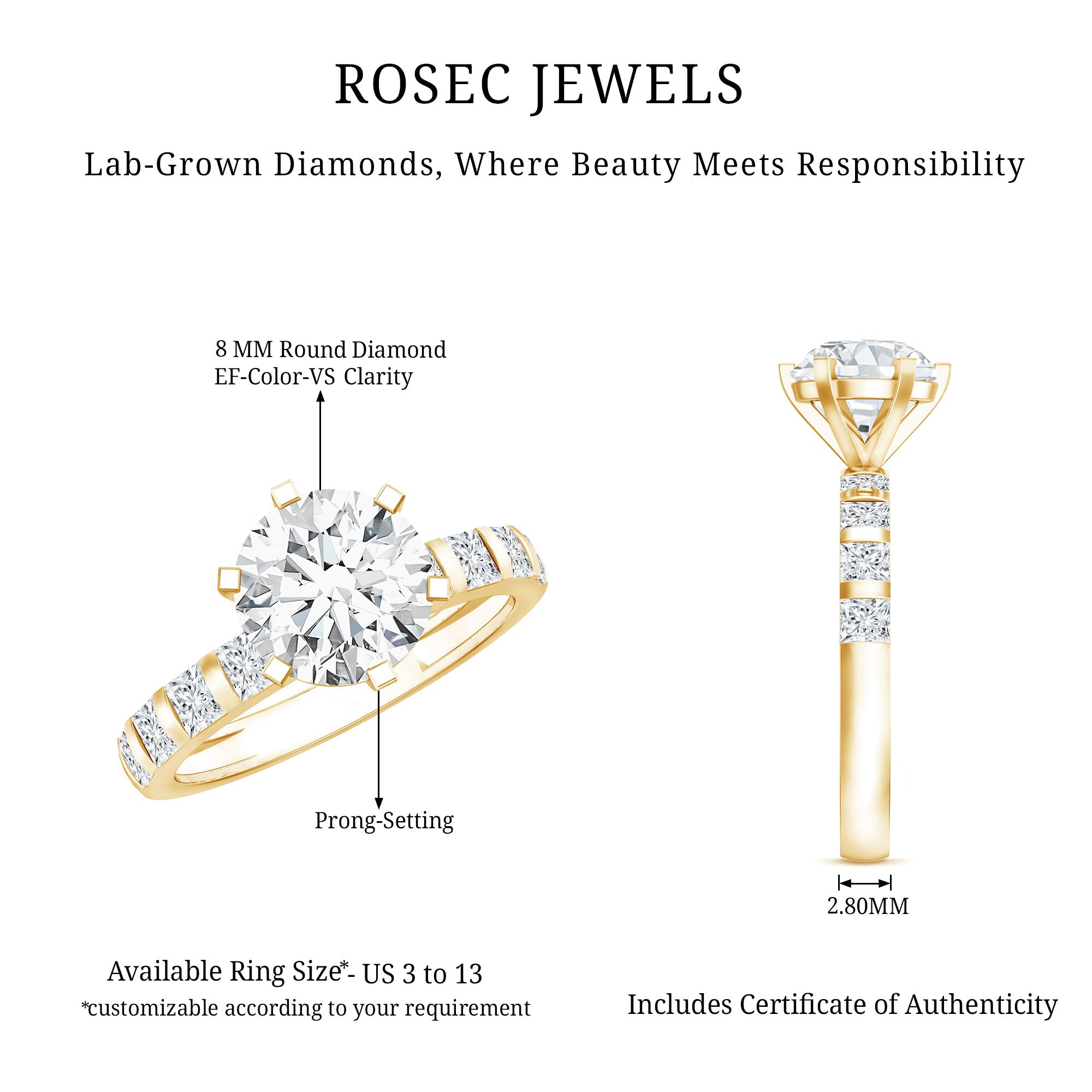Certified Lab Diamond 8 mm Round Engagement Ring With 6 Prong Lab - ( EF-VS ) - Rosec Jewels