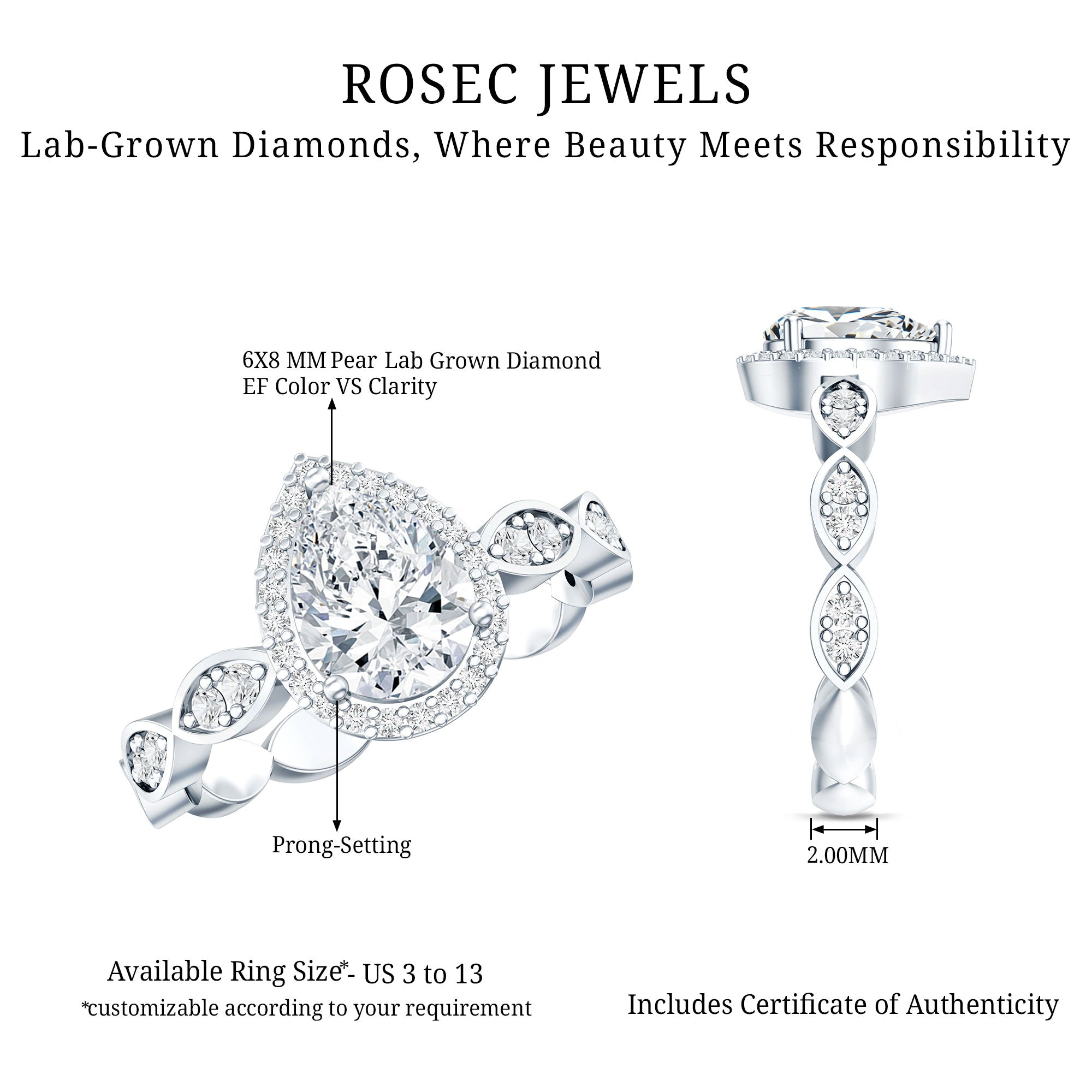 Lab Grown Diamond Teardrop Engagement Ring with Scalloped Shank Lab - ( EF-VS ) - Rosec Jewels