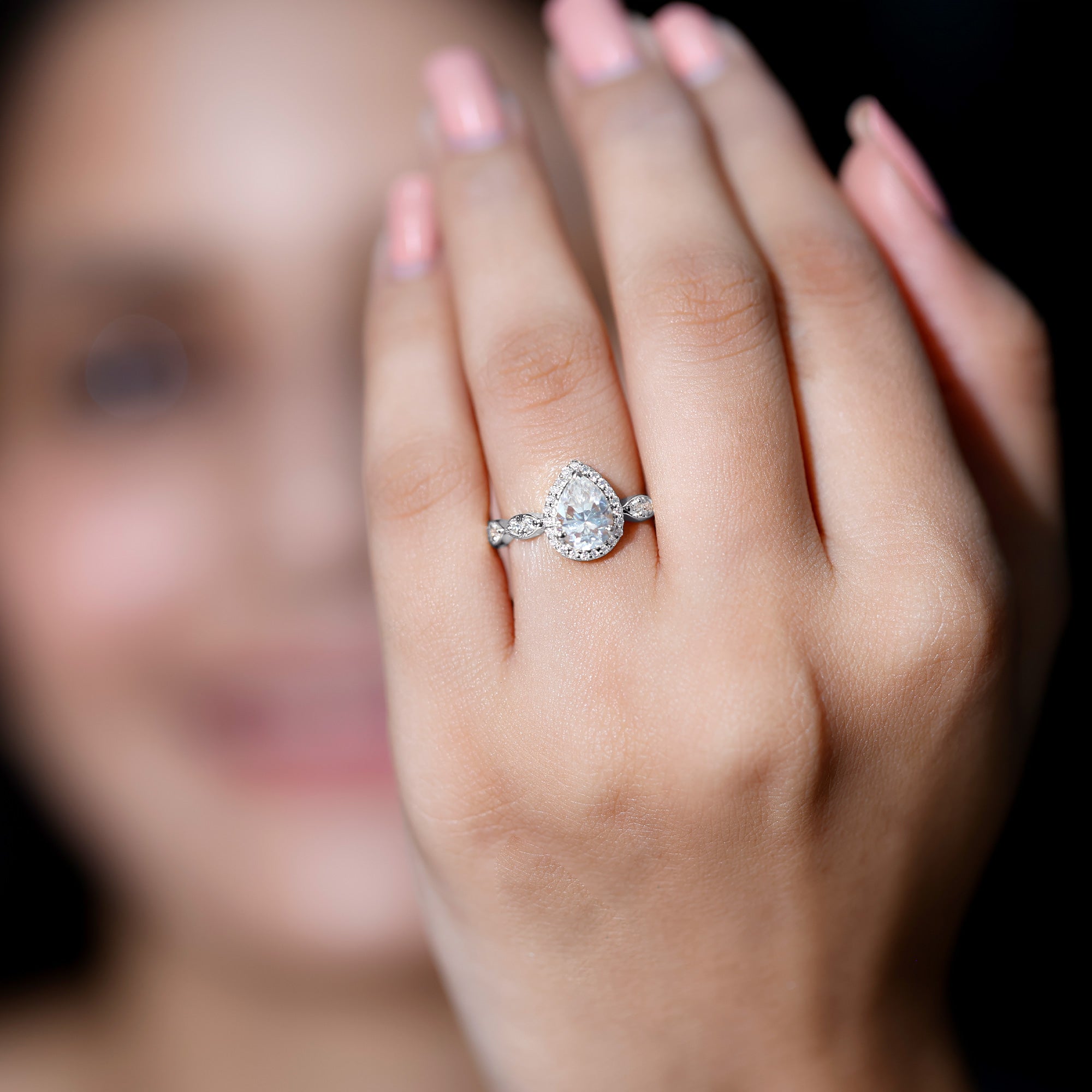 Lab Grown Diamond Teardrop Engagement Ring with Scalloped Shank Lab - ( EF-VS ) - Rosec Jewels