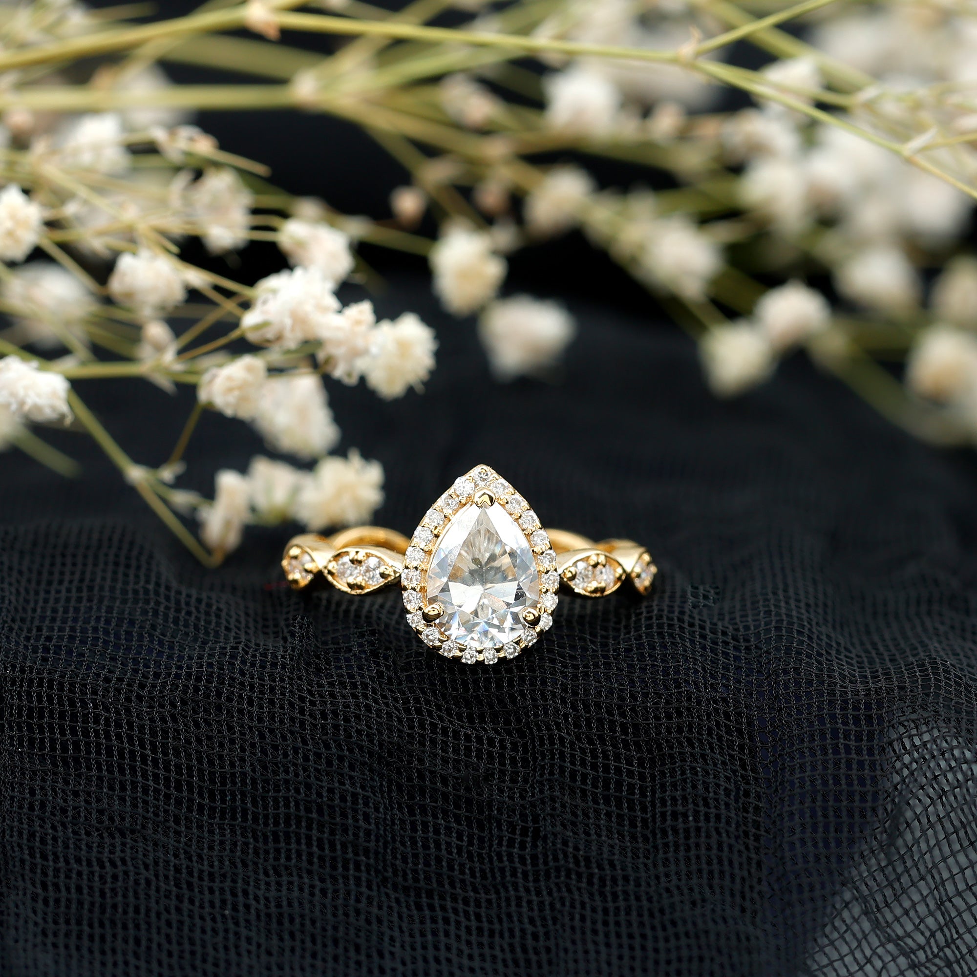 Lab Grown Diamond Teardrop Engagement Ring with Scalloped Shank Lab - ( EF-VS ) - Rosec Jewels