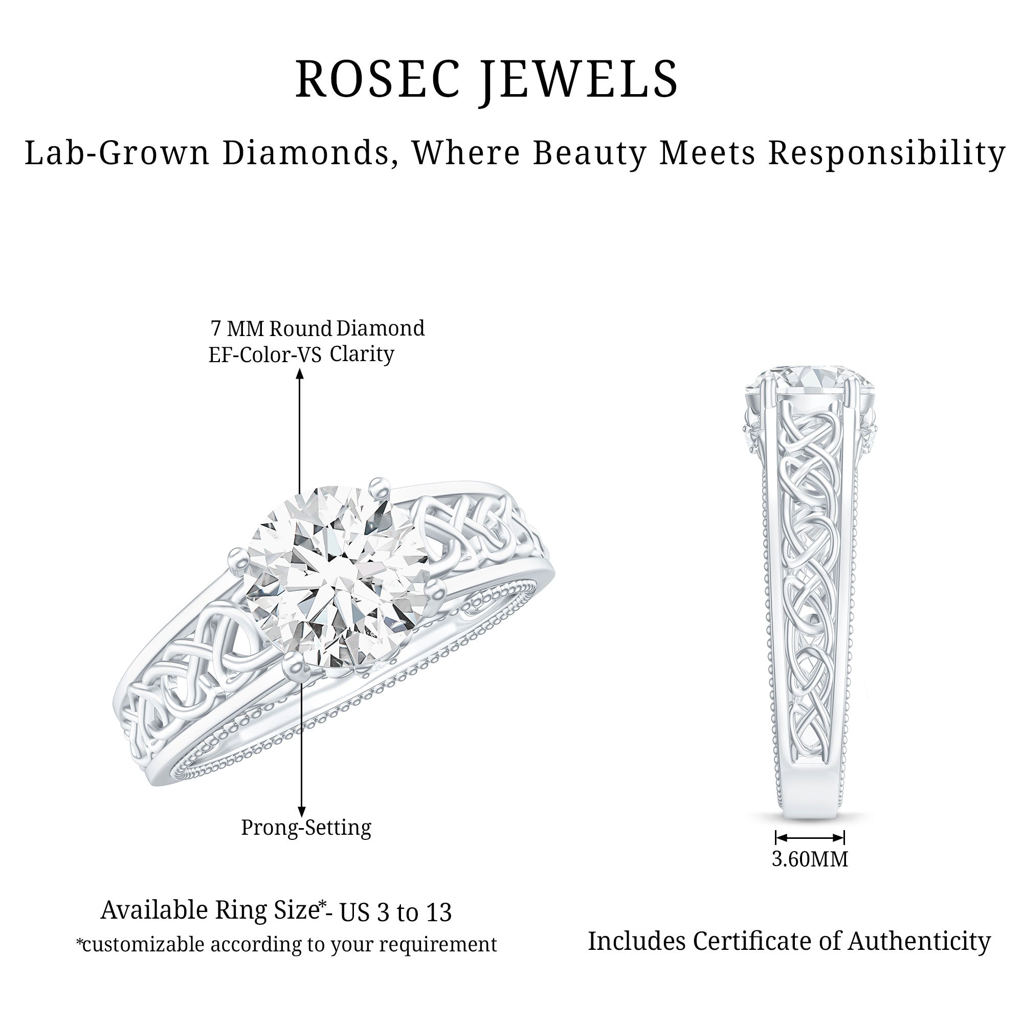 Certified 1.2 Carat Lab Grown Diamond Celtic Design Engagement Ring Lab - ( EF-VS ) - Rosec Jewels