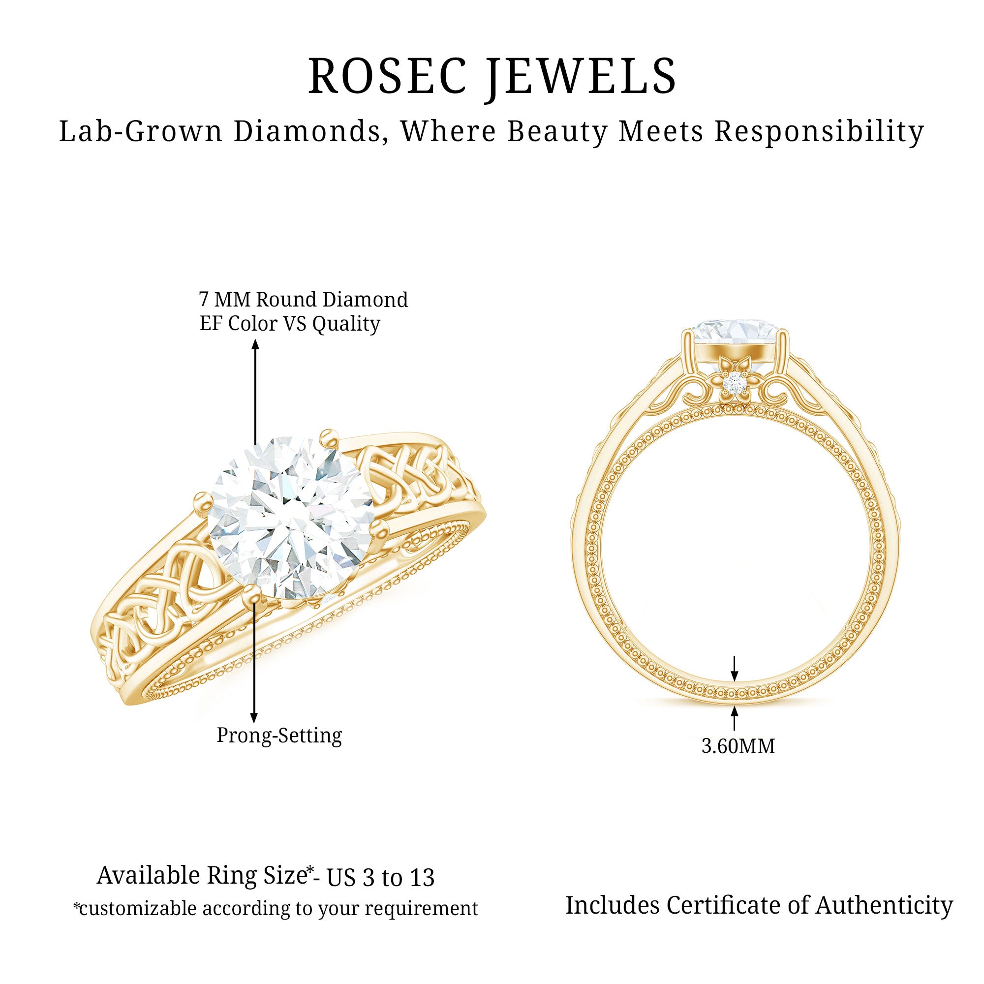 Rosec Jewels-Certified 7 MM Lab Grown Diamond Celtic Design Engagement Ring