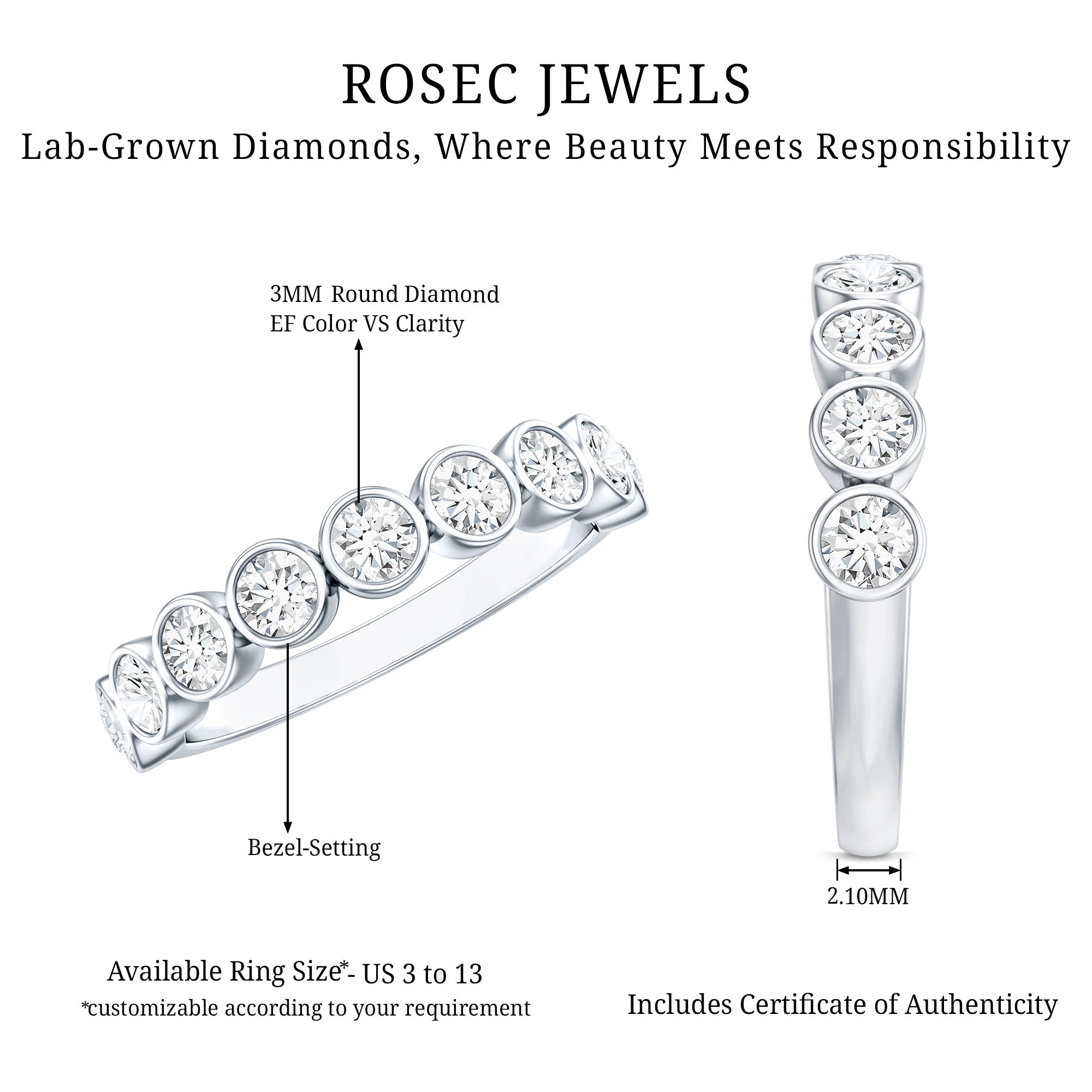 Bezel Set Lab Grown Diamond Semi Eternity Ring for Women Lab - ( EF-VS ) - Rosec Jewels