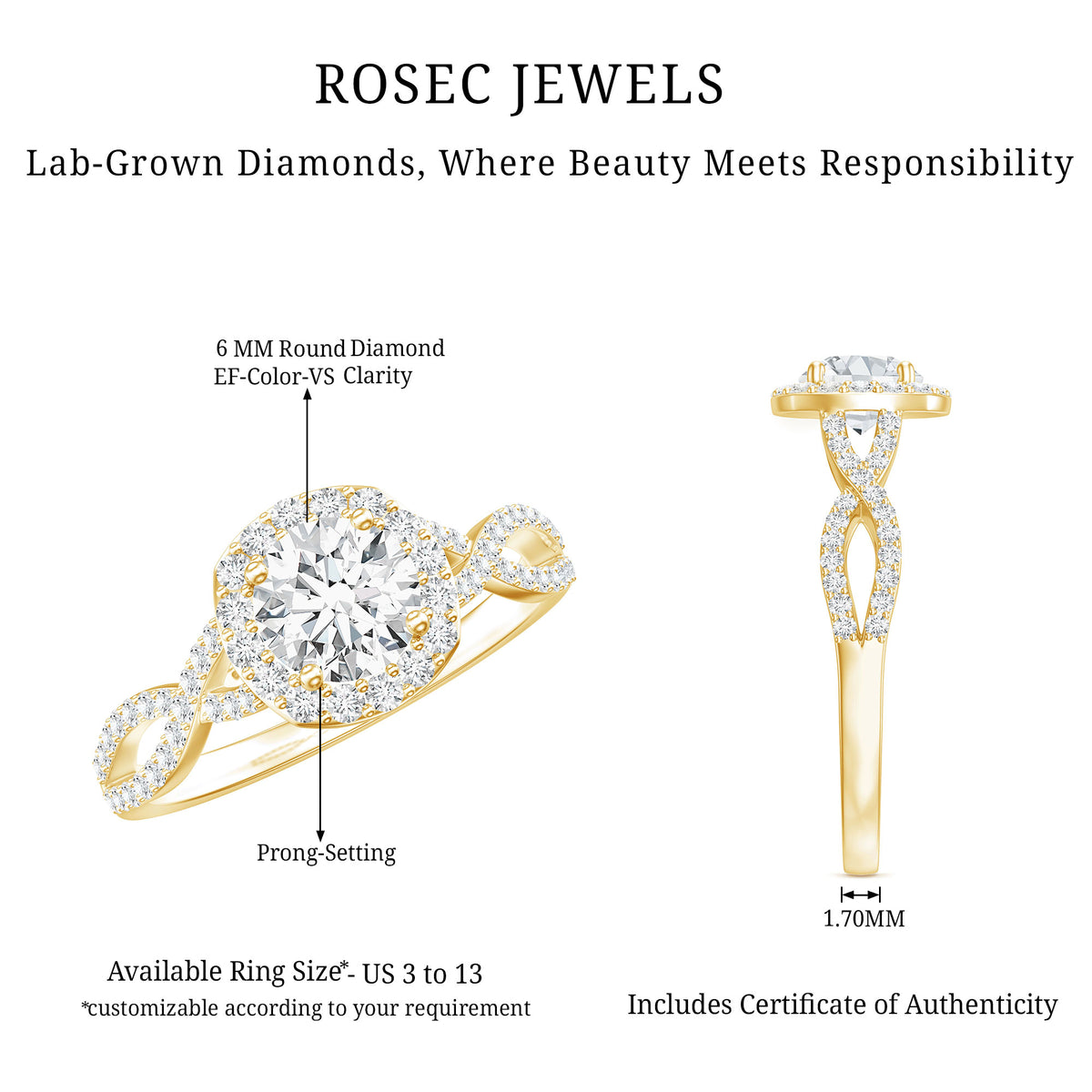Classic Lab Grown Diamond Criss Cross Engagement Ring Lab - ( EF-VS ) - Rosec Jewels