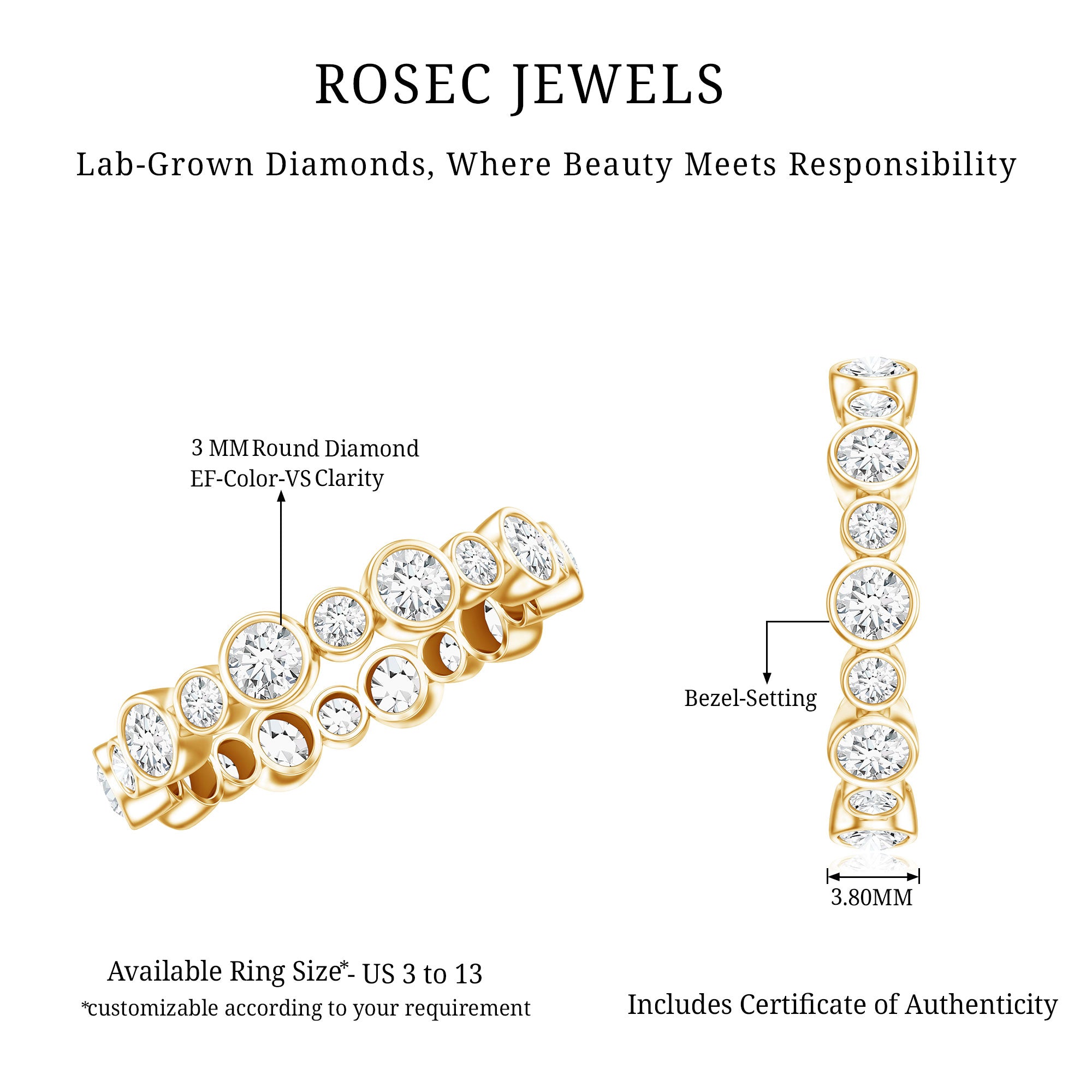 Lab Grown Diamond Bezel Set Wedding Band Lab - ( EF-VS ) - Rosec Jewels