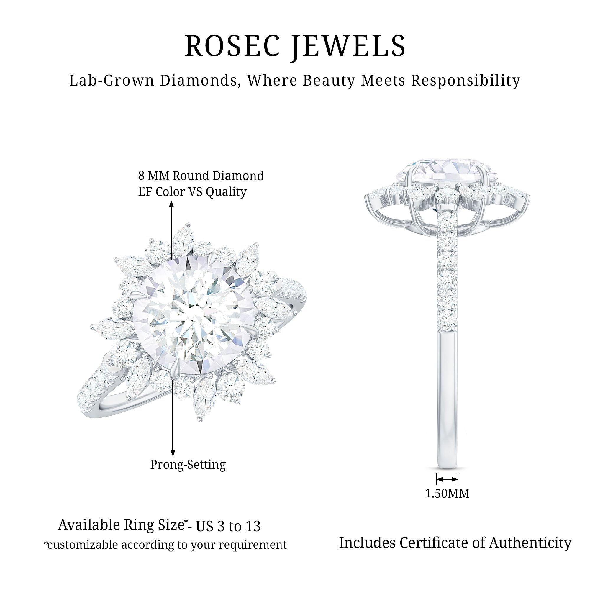 Rosec Jewels-Certified Lab Created Diamond Halo Engagement Ring For Her