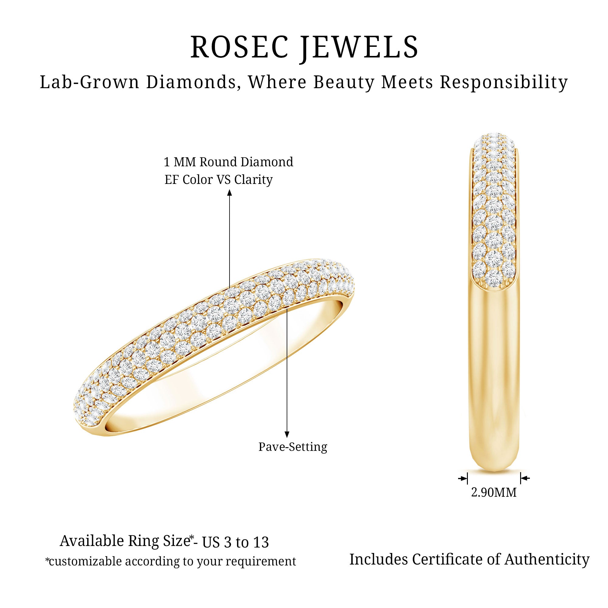 Certified Lab Grown Diamond 3 Row Eternity Ring Lab - ( EF-VS ) - Rosec Jewels