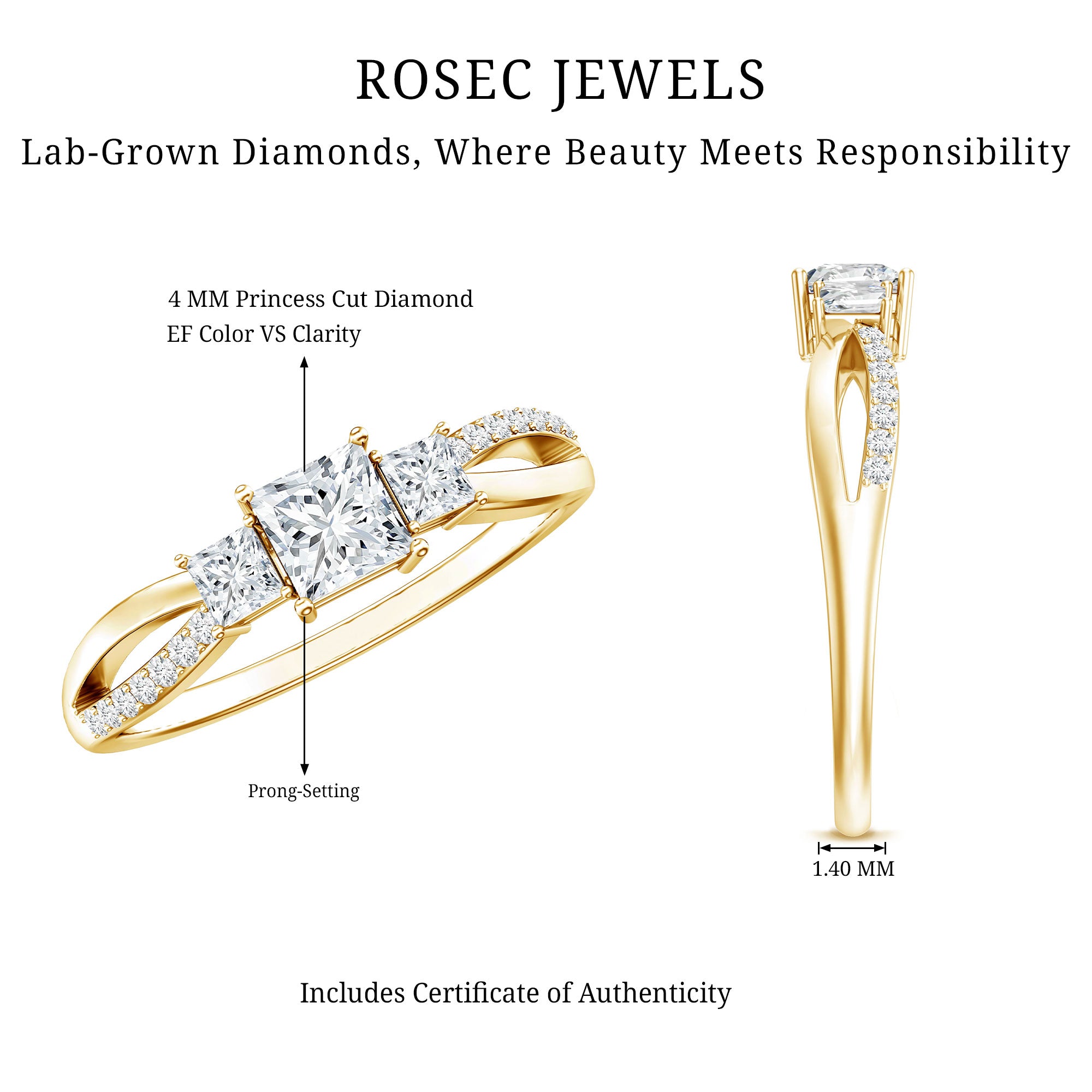 Lab Grown Diamond Three Stone Promise Ring With Split Shank Lab - ( EF-VS ) - Rosec Jewels