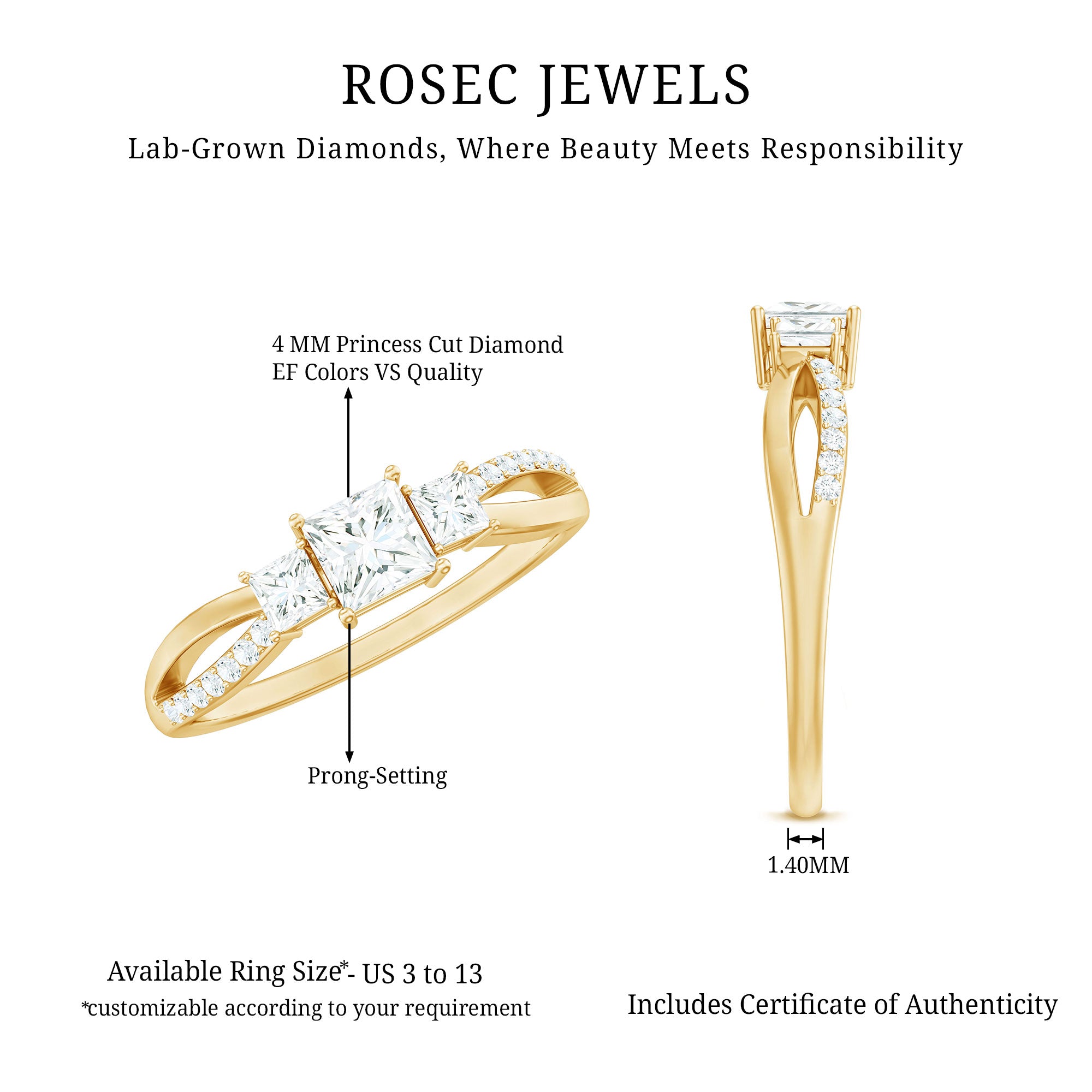 Rosec Jewels-Lab Grown Diamond Three Stone Promise Ring With Split Shank