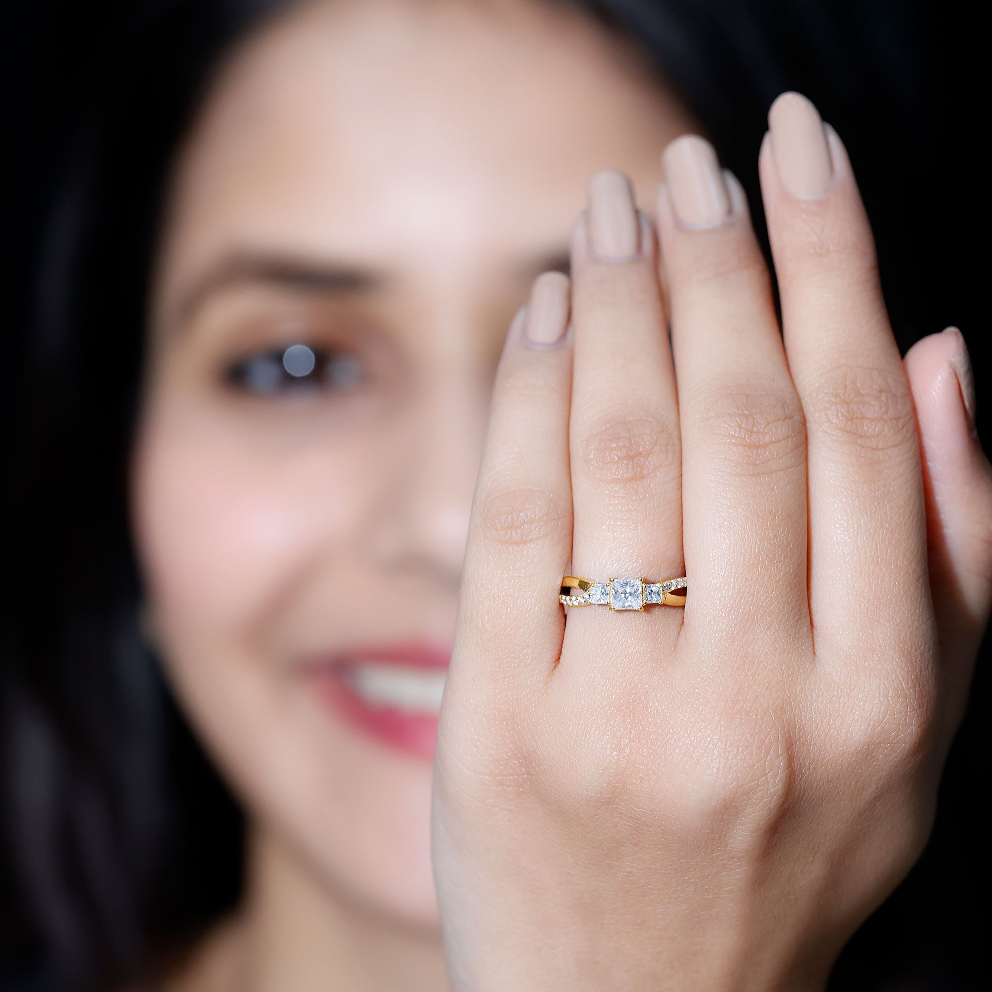 Lab Grown Diamond Three Stone Promise Ring With Split Shank Lab - ( EF-VS ) - Rosec Jewels