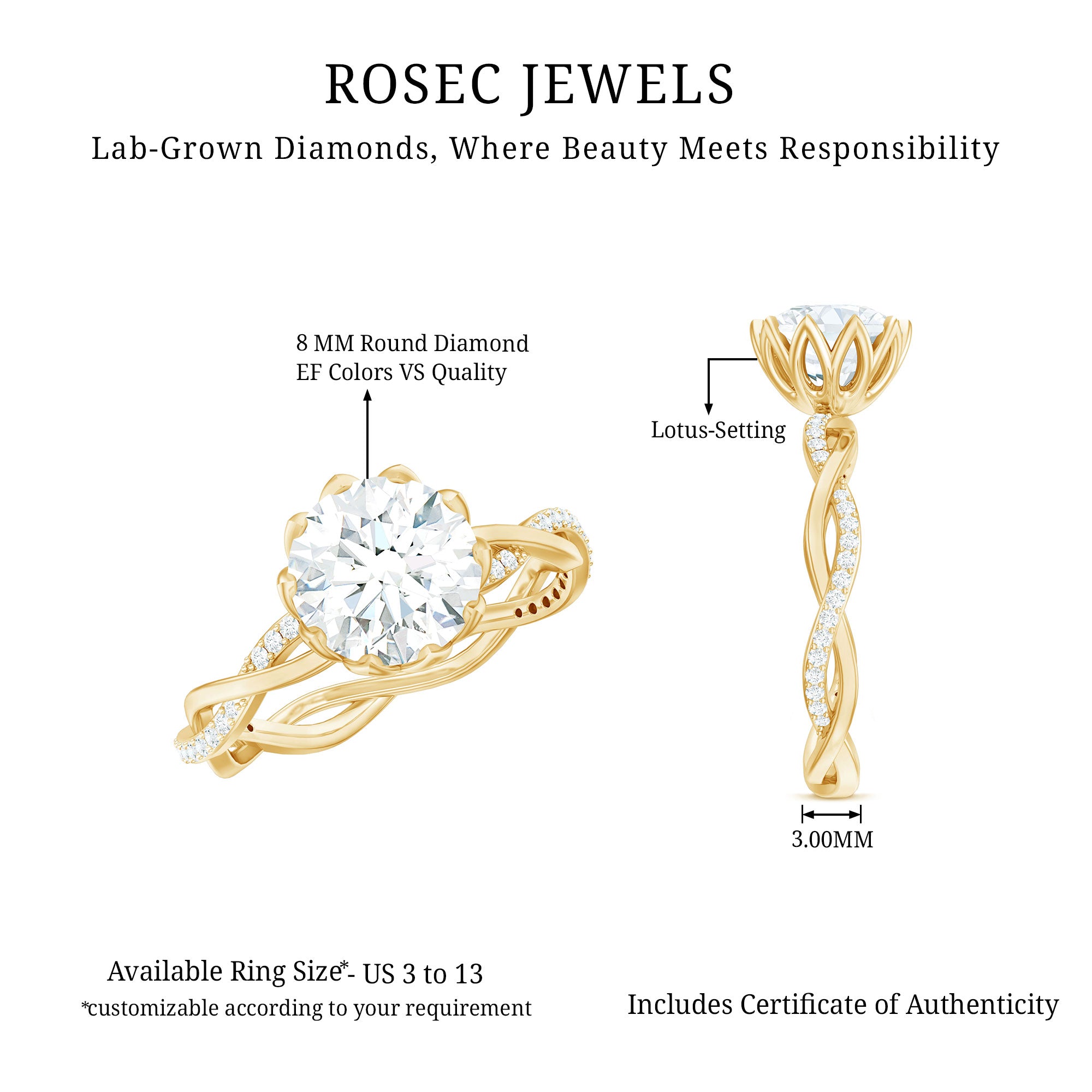 Rosec Jewels-Round Cut Lab Grown Diamond Unique Engagement Ring