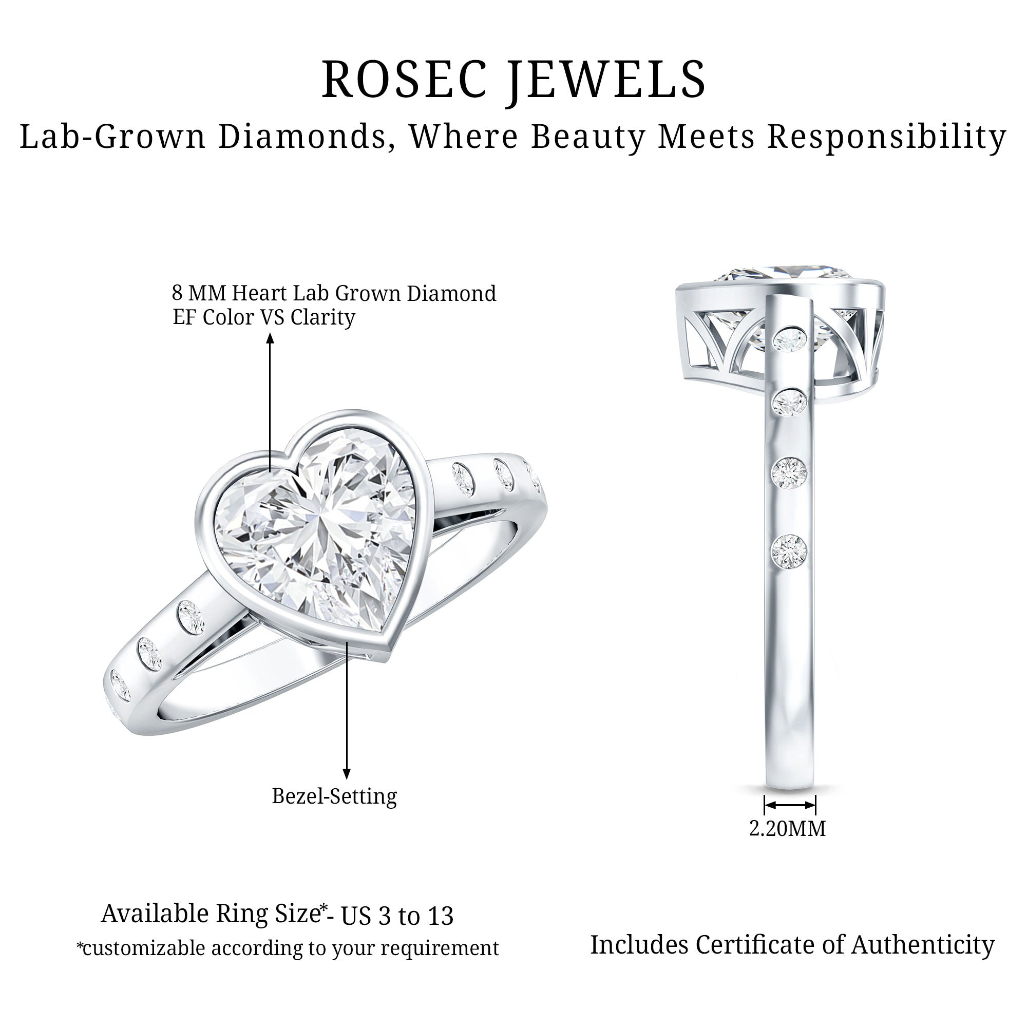 Bezel Set Brilliant Cut Lab Created Diamond Heart Engagement Ring For Women Lab - ( EF-VS ) - Rosec Jewels