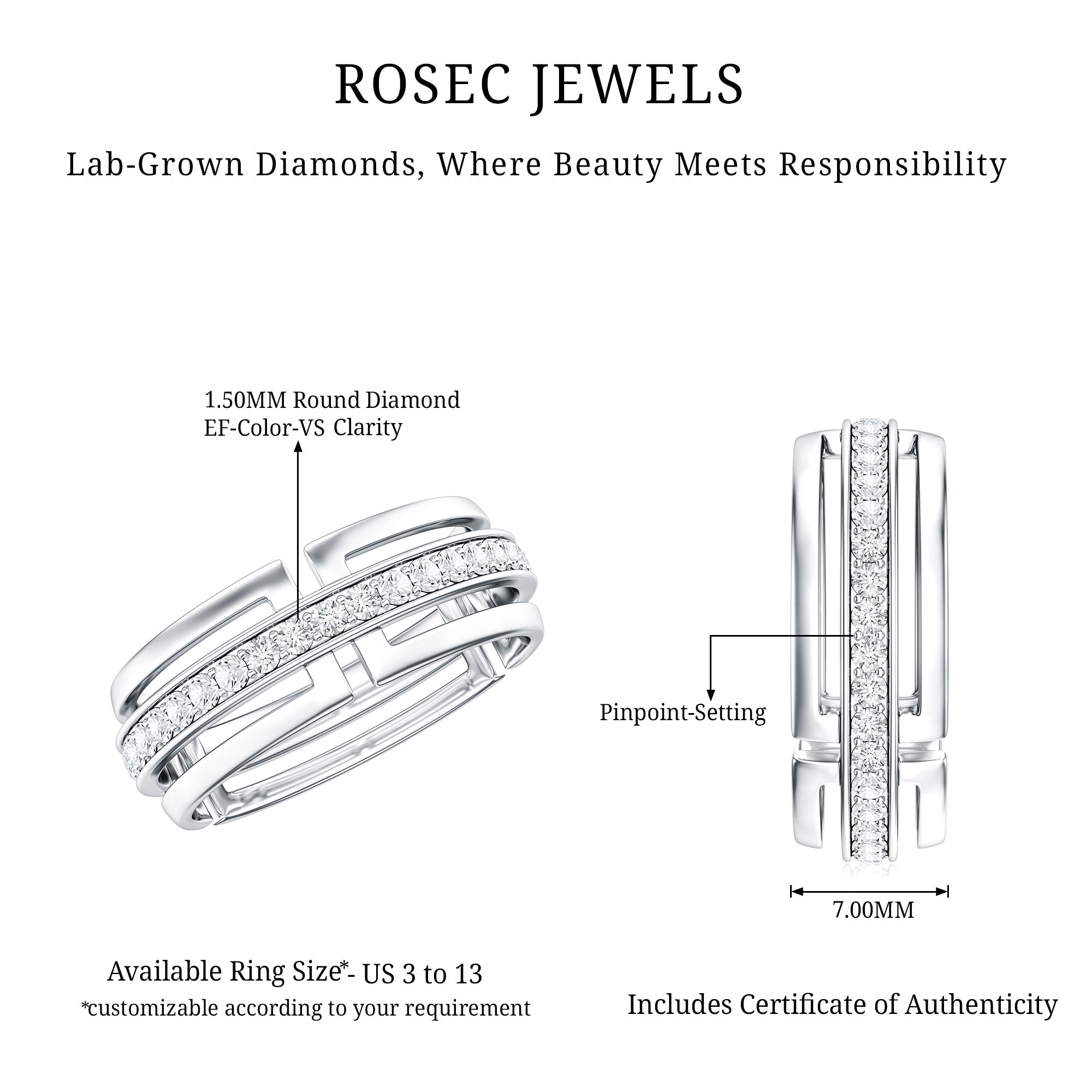 Certified Lab Created Diamond Unisex Wedding Band Lab - ( EF-VS ) - Rosec Jewels
