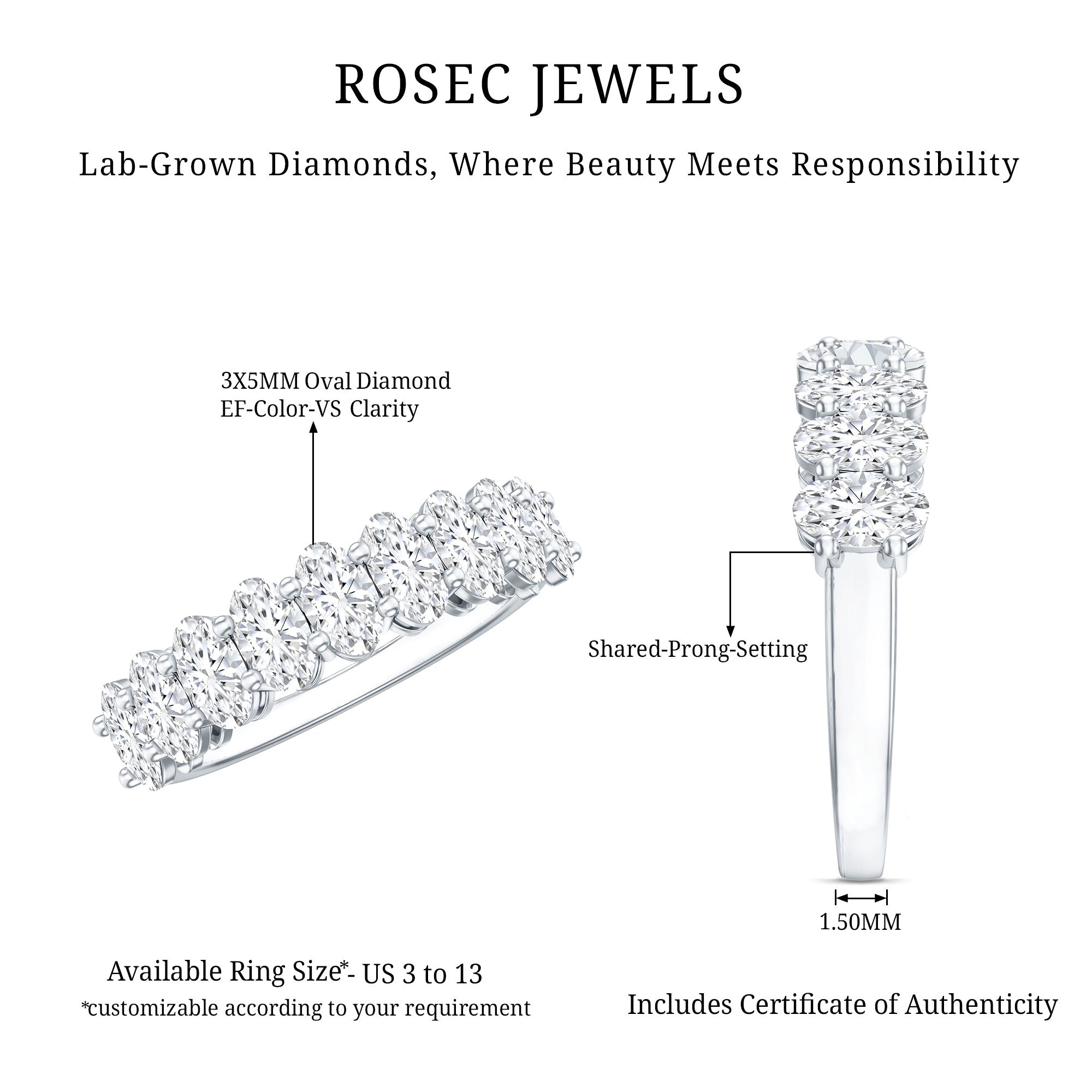 Brilliant Cut Oval Diamond Semi Eternity Ring for Women Lab - ( EF-VS ) - Rosec Jewels