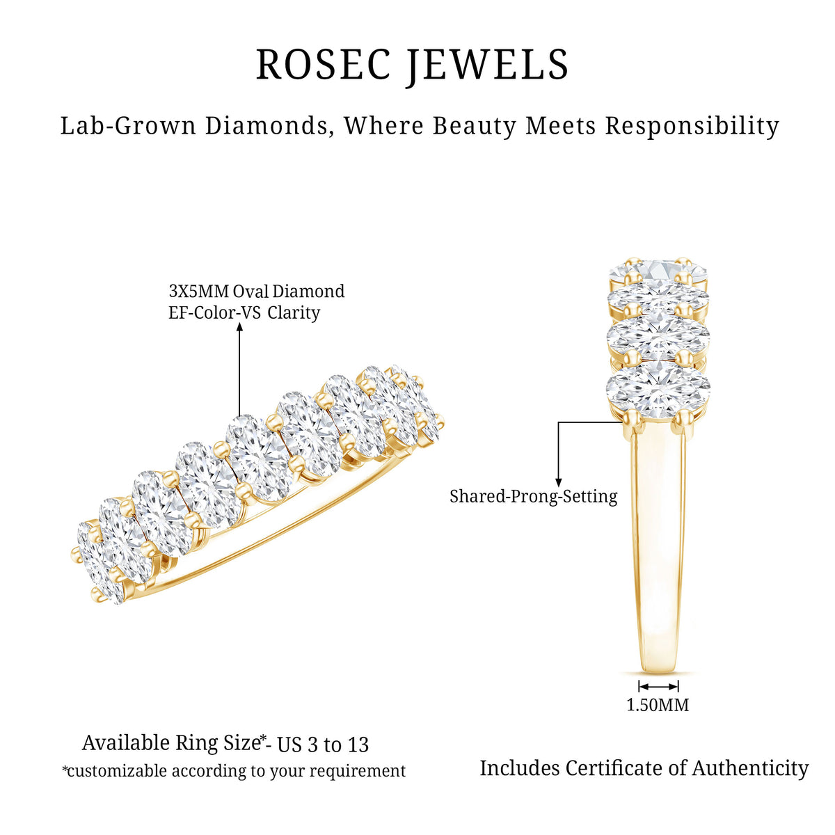 Brilliant Cut Oval Diamond Semi Eternity Ring for Women Lab - ( EF-VS ) - Rosec Jewels