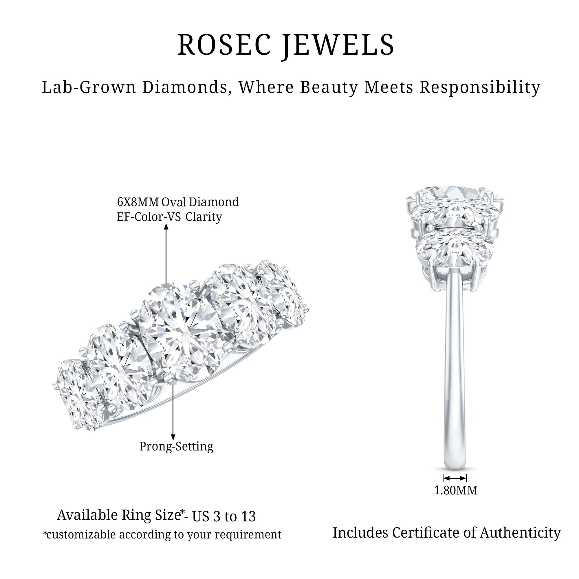 Lab Grown Diamond 5 Stone Statement Ring Lab - ( EF-VS ) - Rosec Jewels